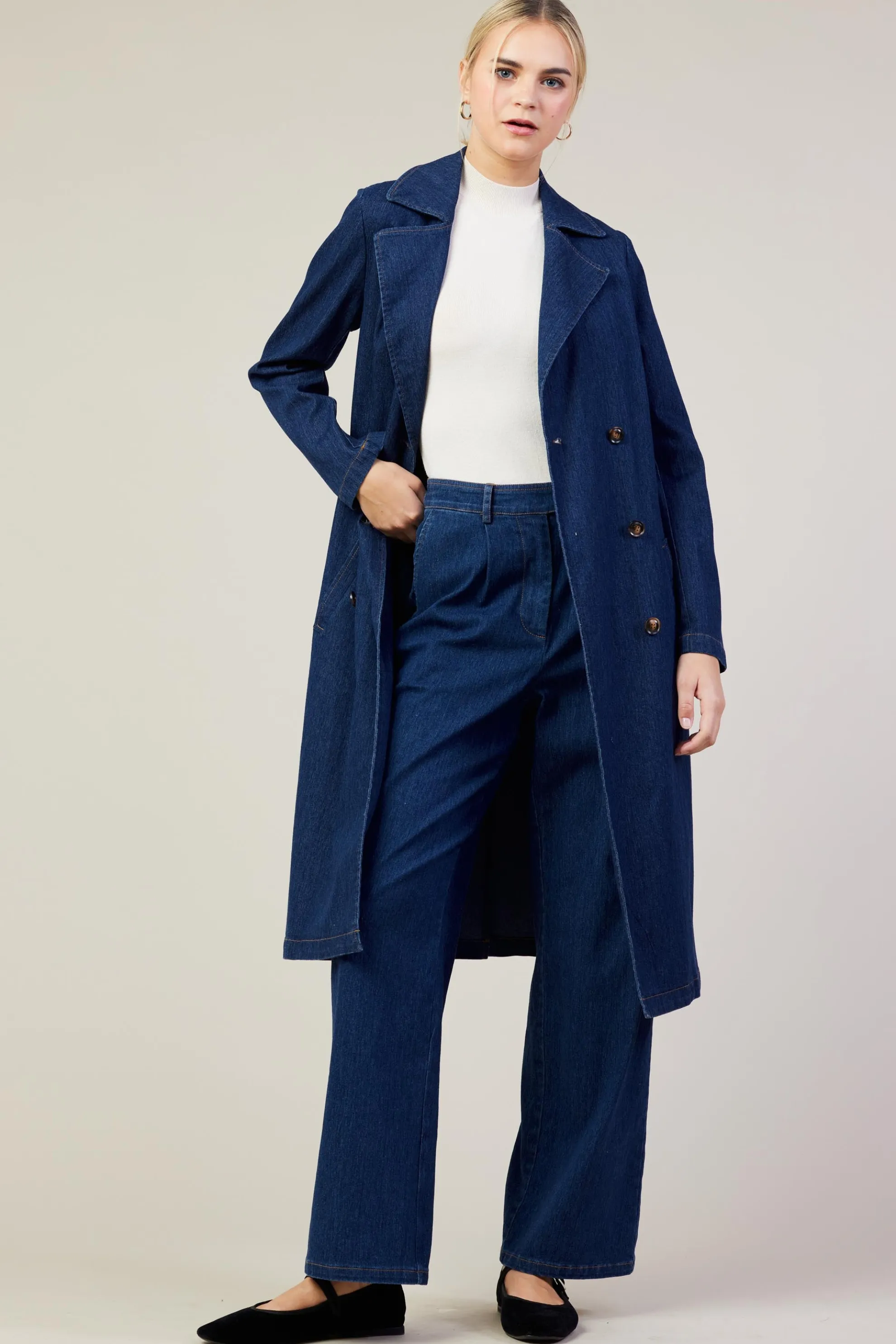 Washed Denim Trench Coat