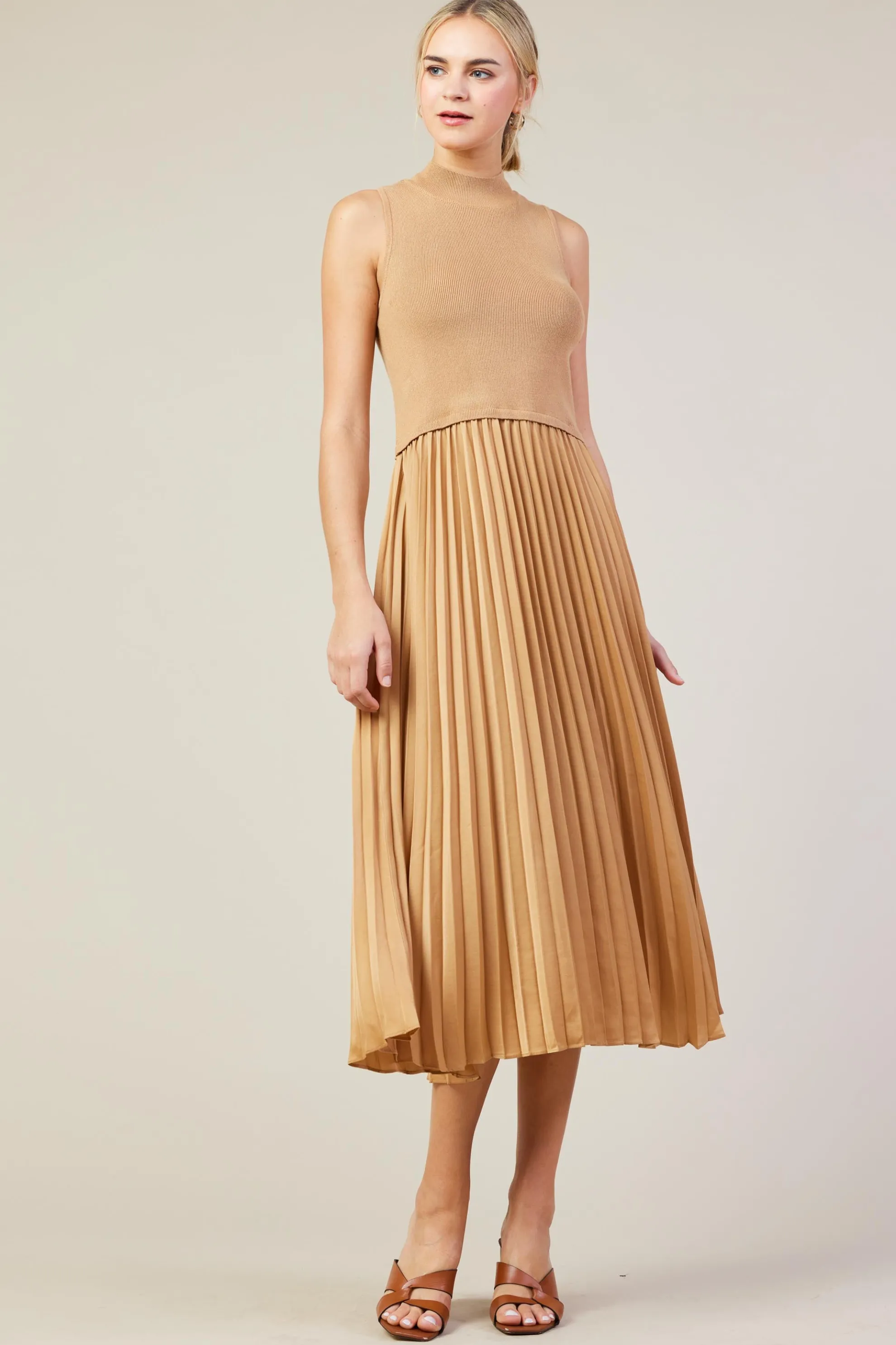 Mixed Media Pleated Midi Dress