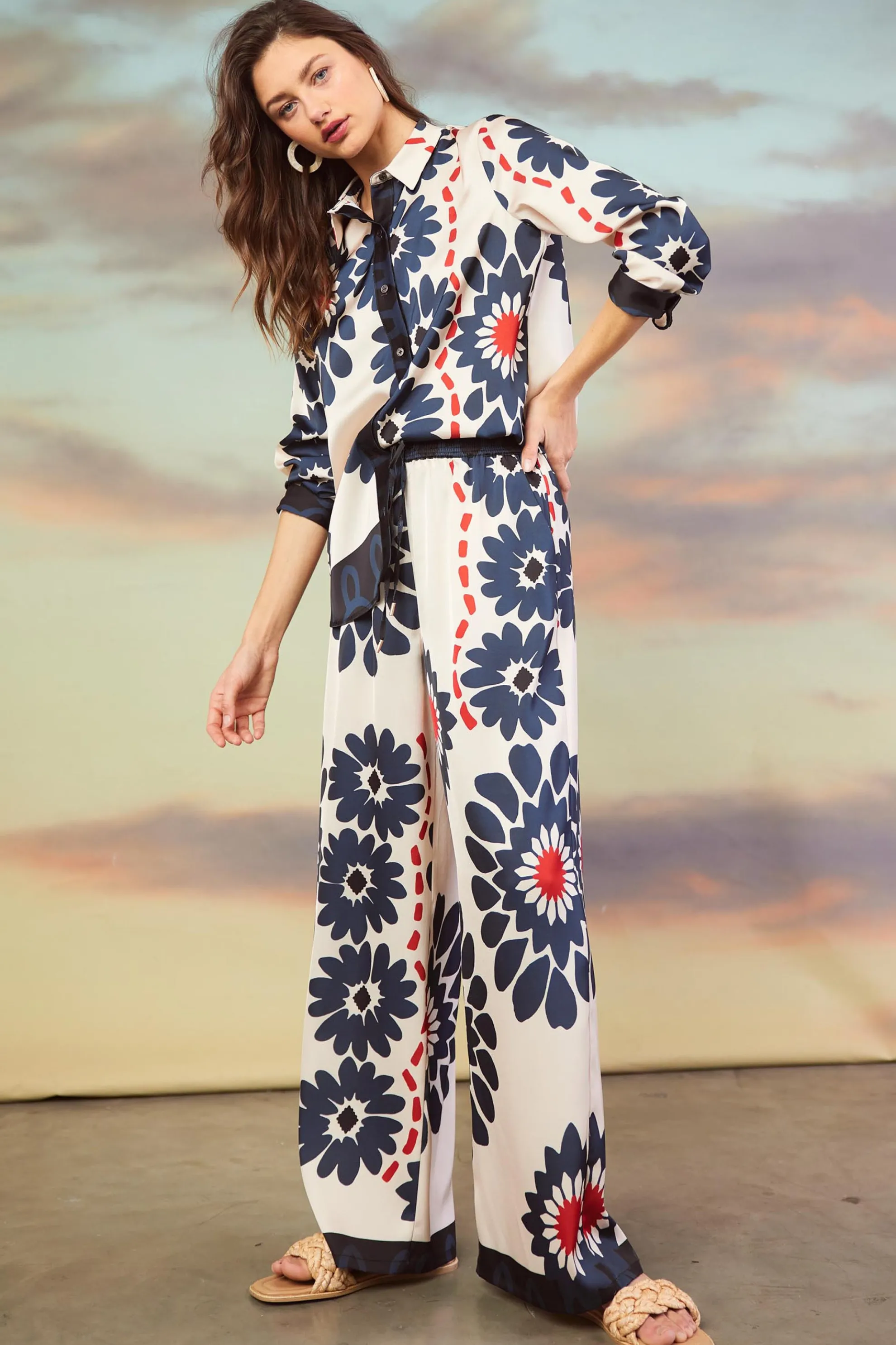 Floral Print Elastic Waistband Pants