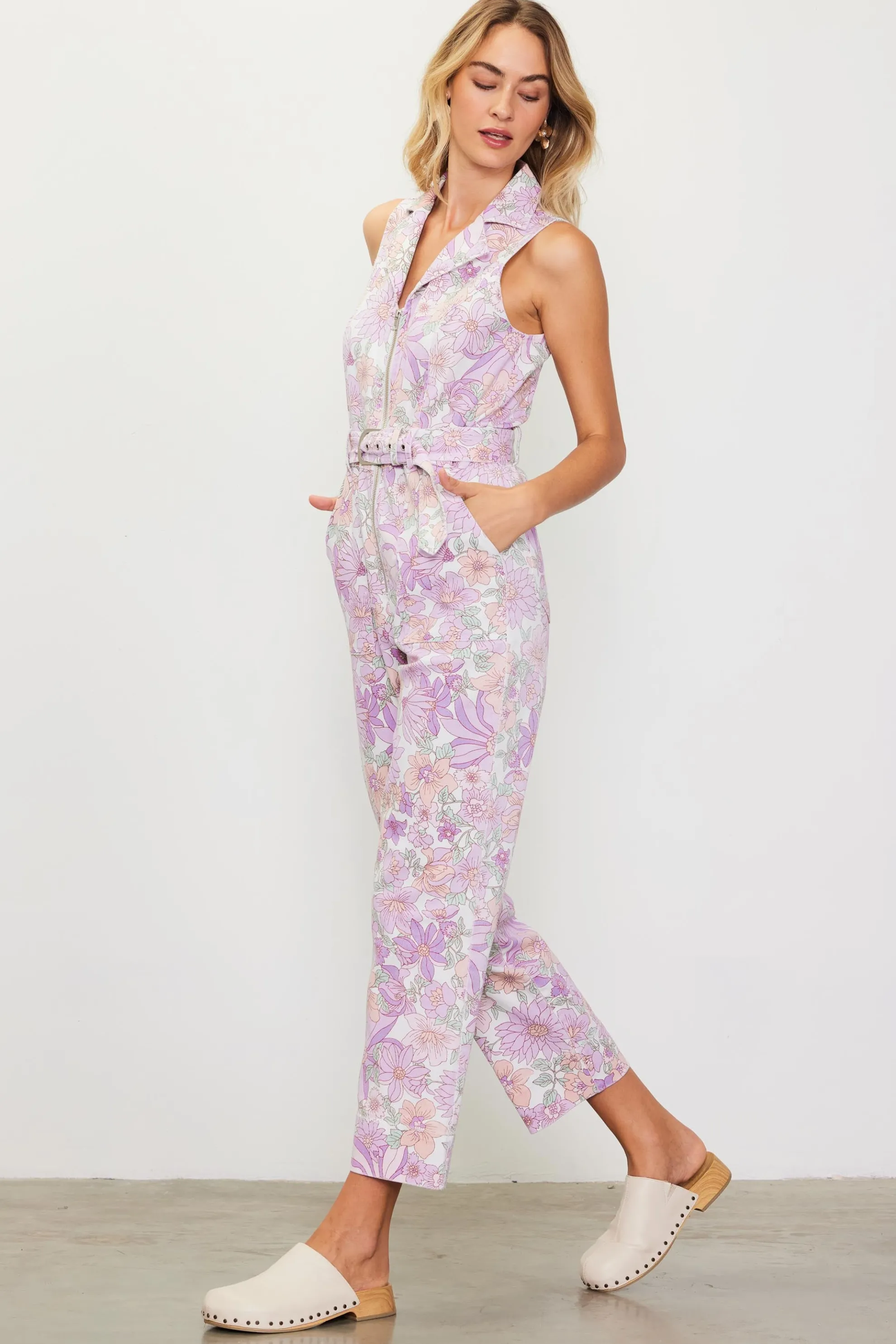 Retro Floral Belted Zip Jumpsuit