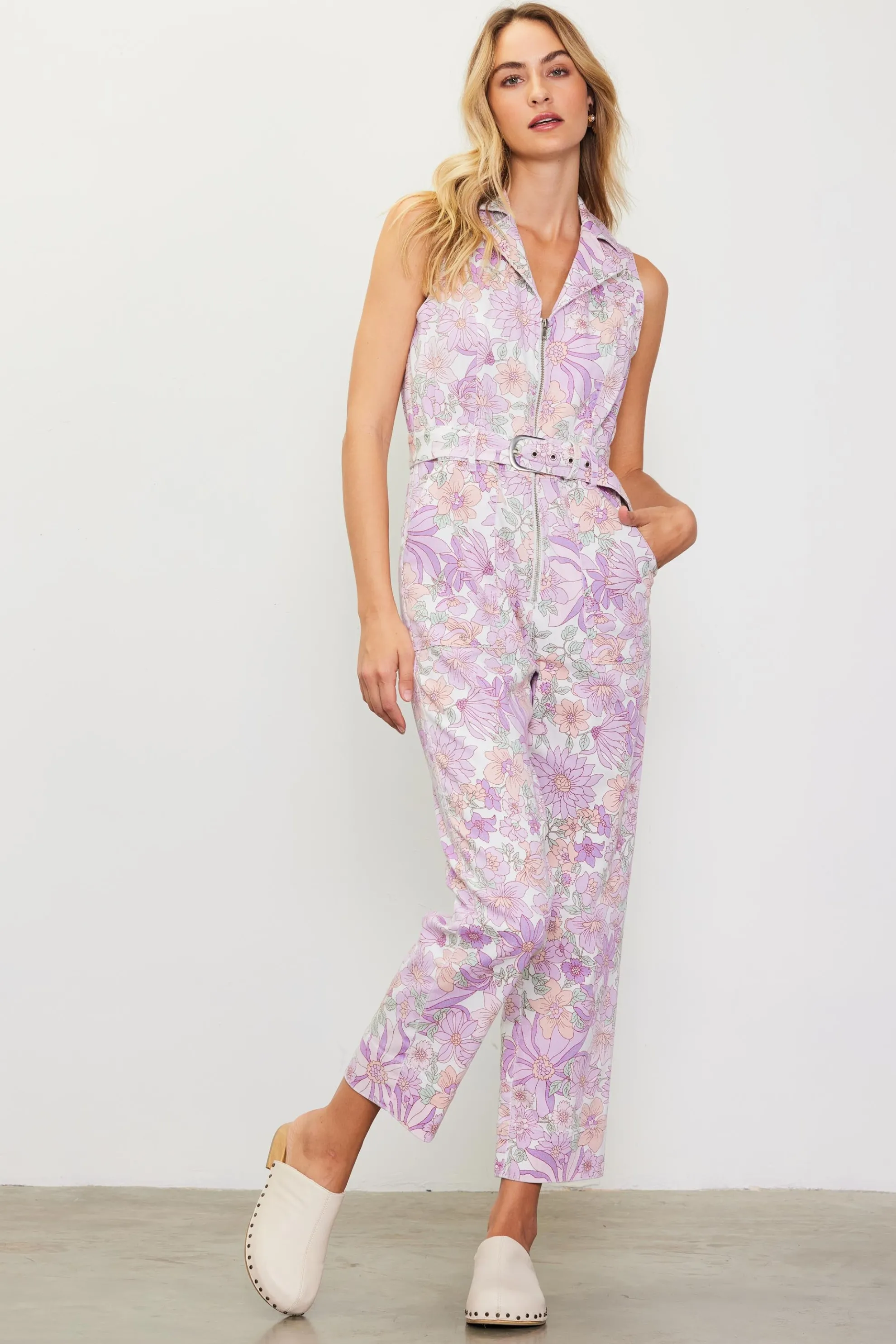 Retro Floral Belted Zip Jumpsuit