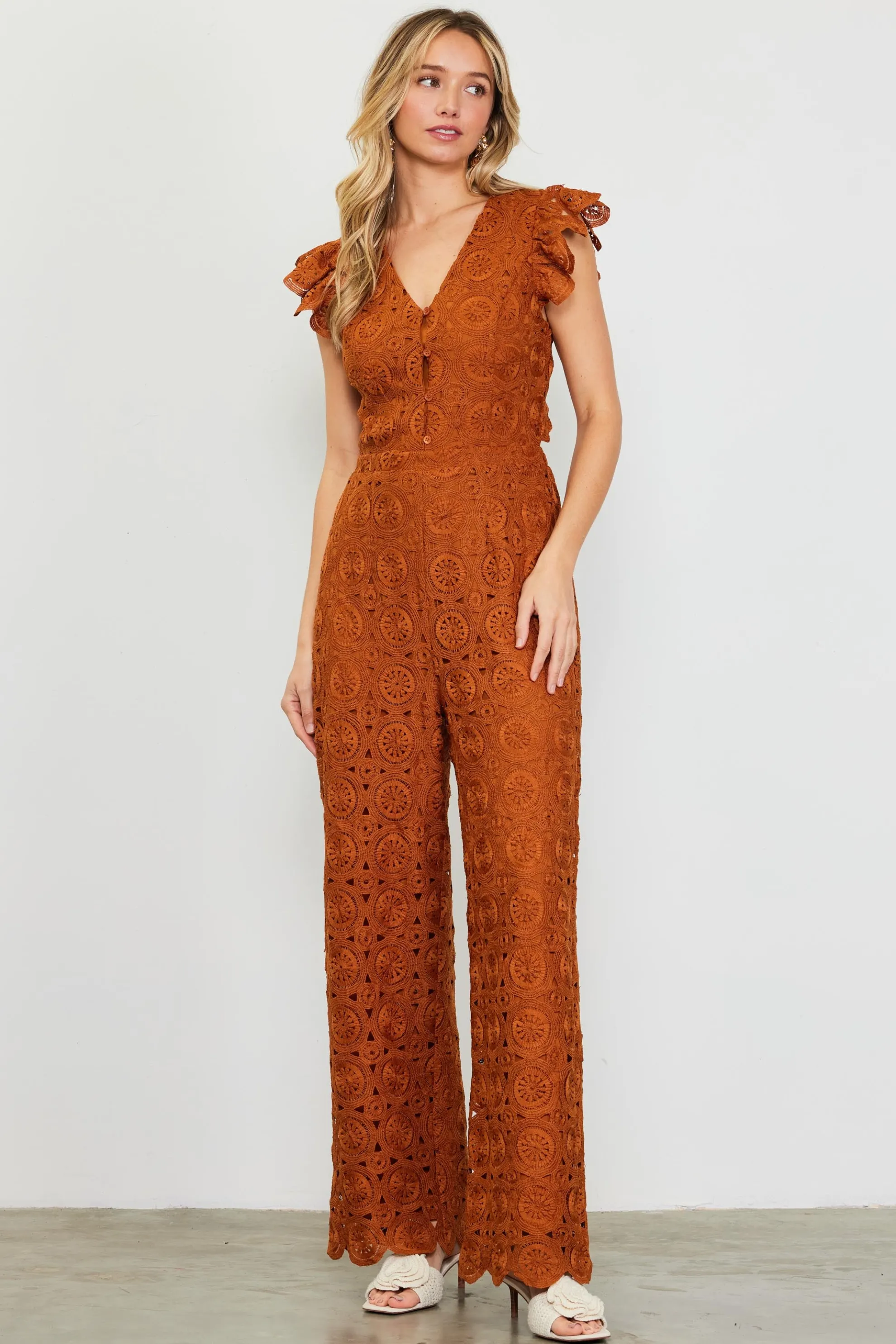 Crochet Ruffled Sleeve Jumpsuit
