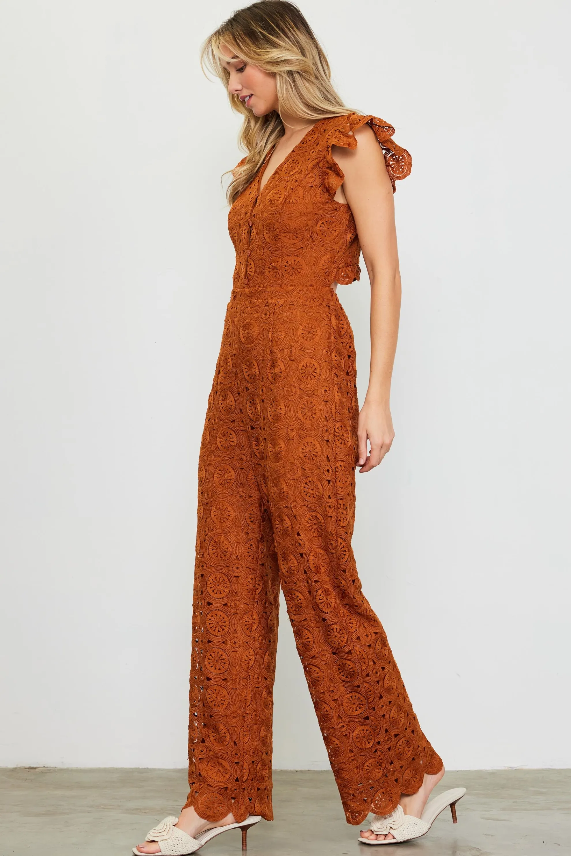 Crochet Ruffled Sleeve Jumpsuit