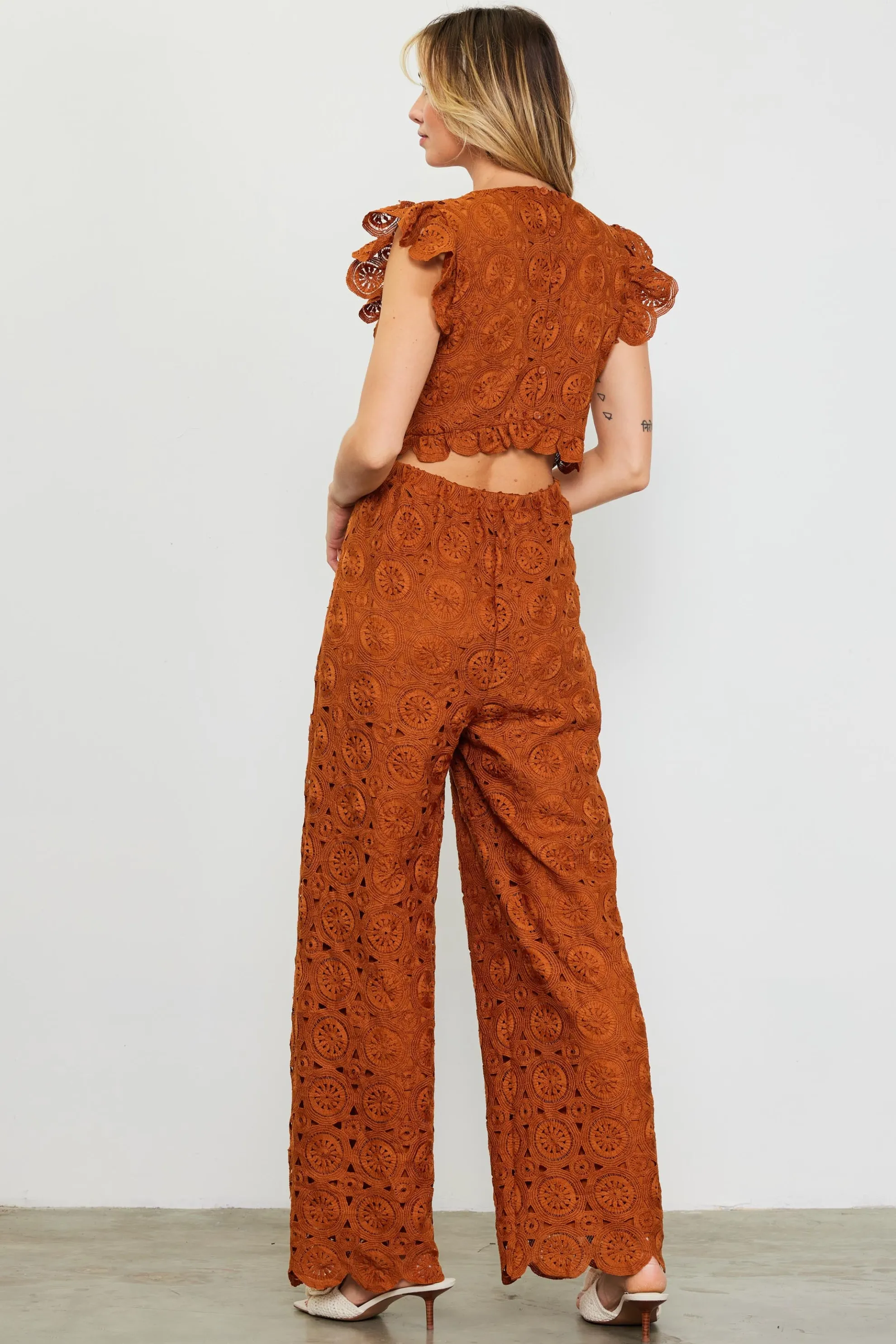 Crochet Ruffled Sleeve Jumpsuit