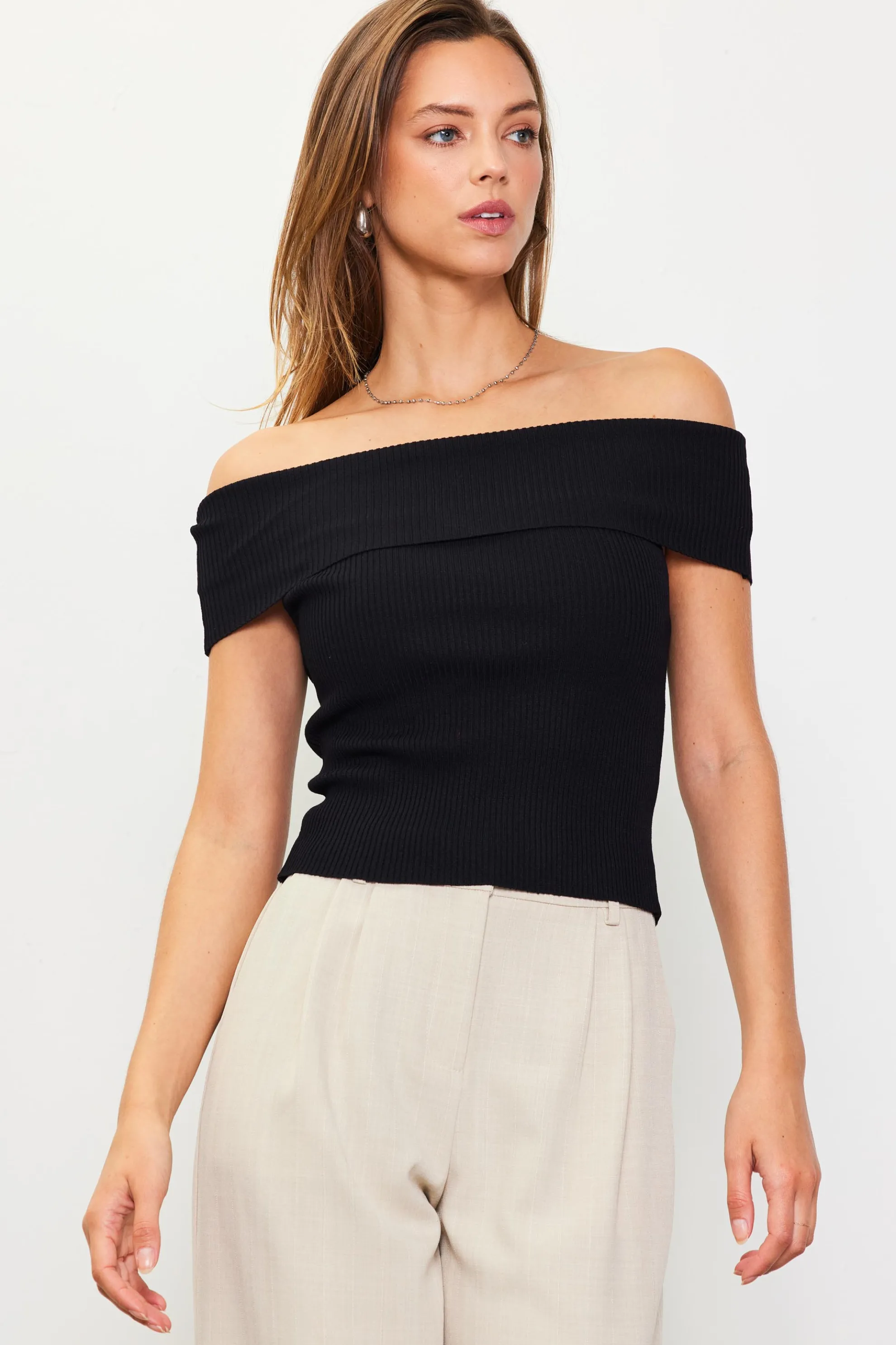 Off Shoulder Ribbed Knit Top