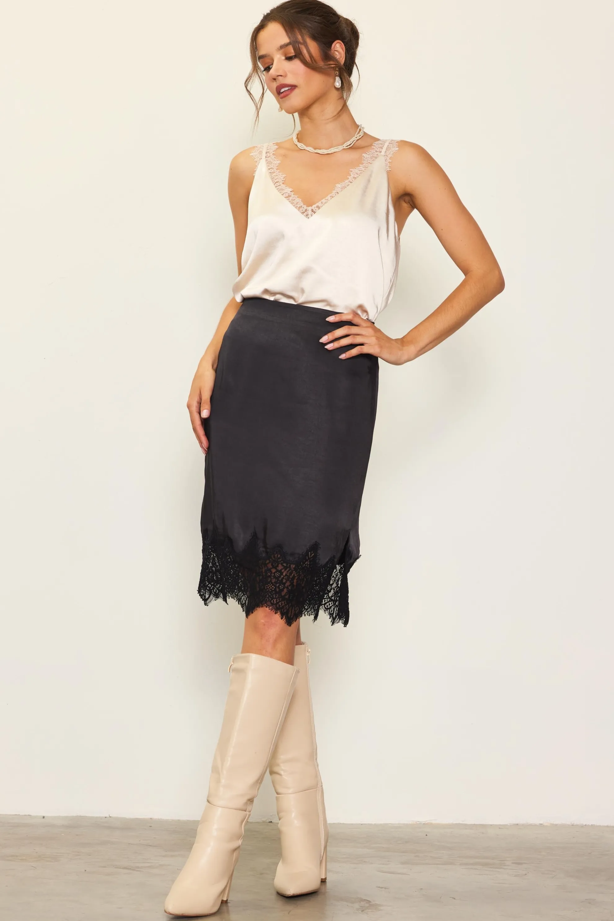 Lace Trim Satin Midi Skirt