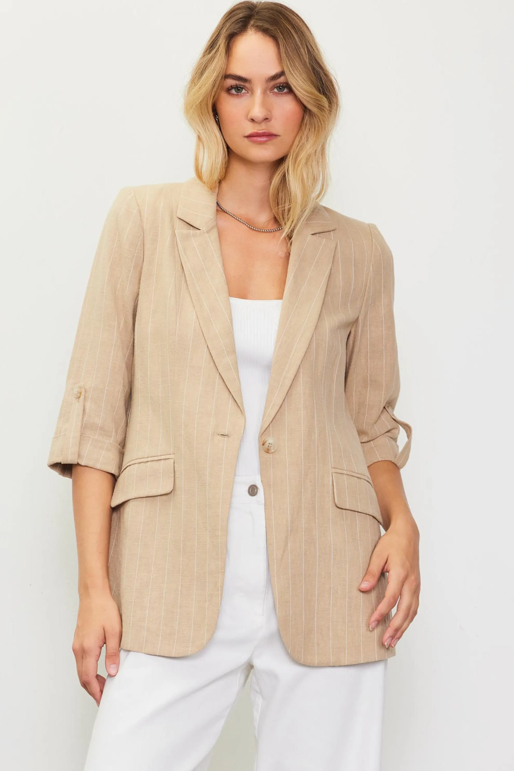 Linen Pinstripe Cuffed Blazer