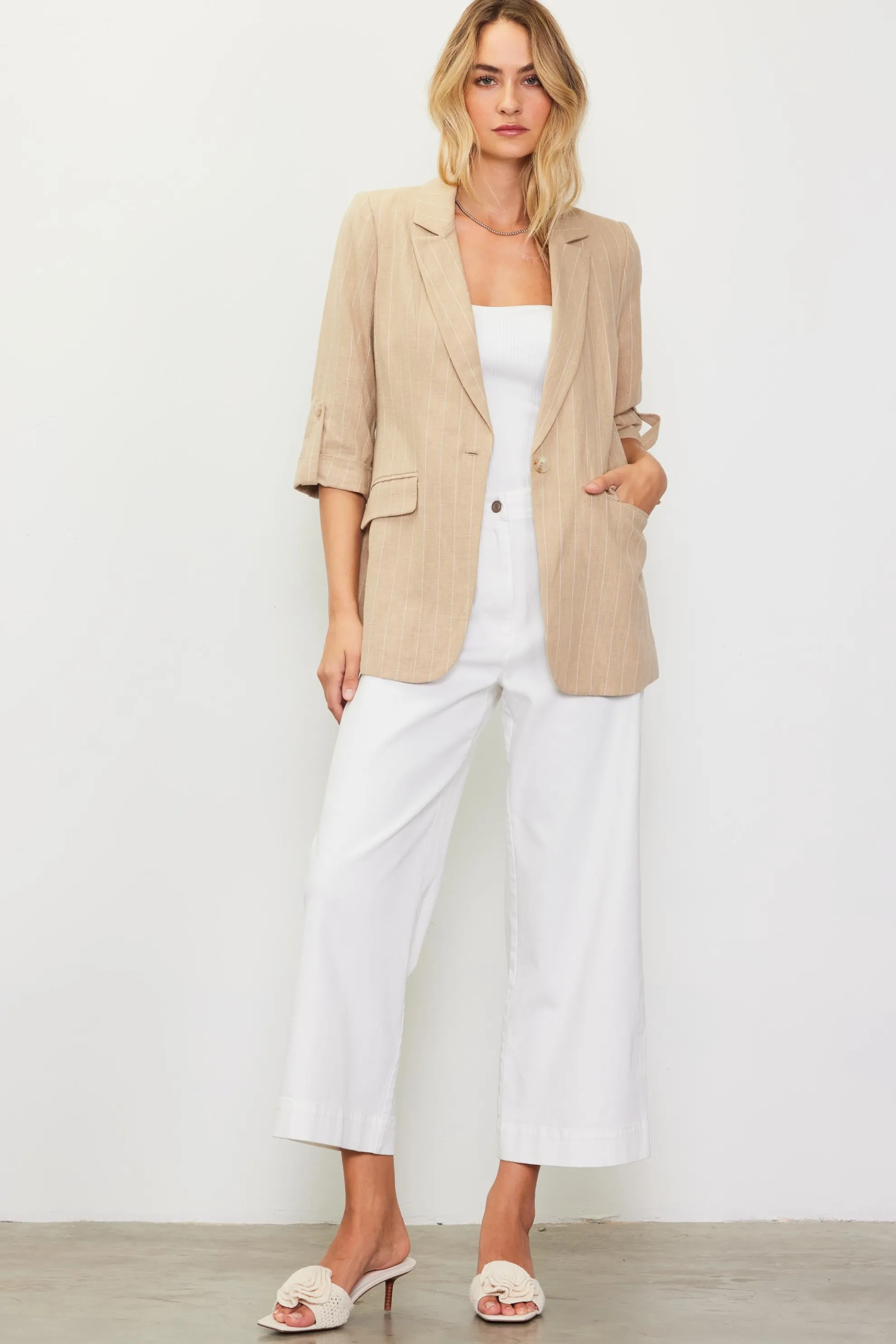 Linen Pinstripe Cuffed Blazer