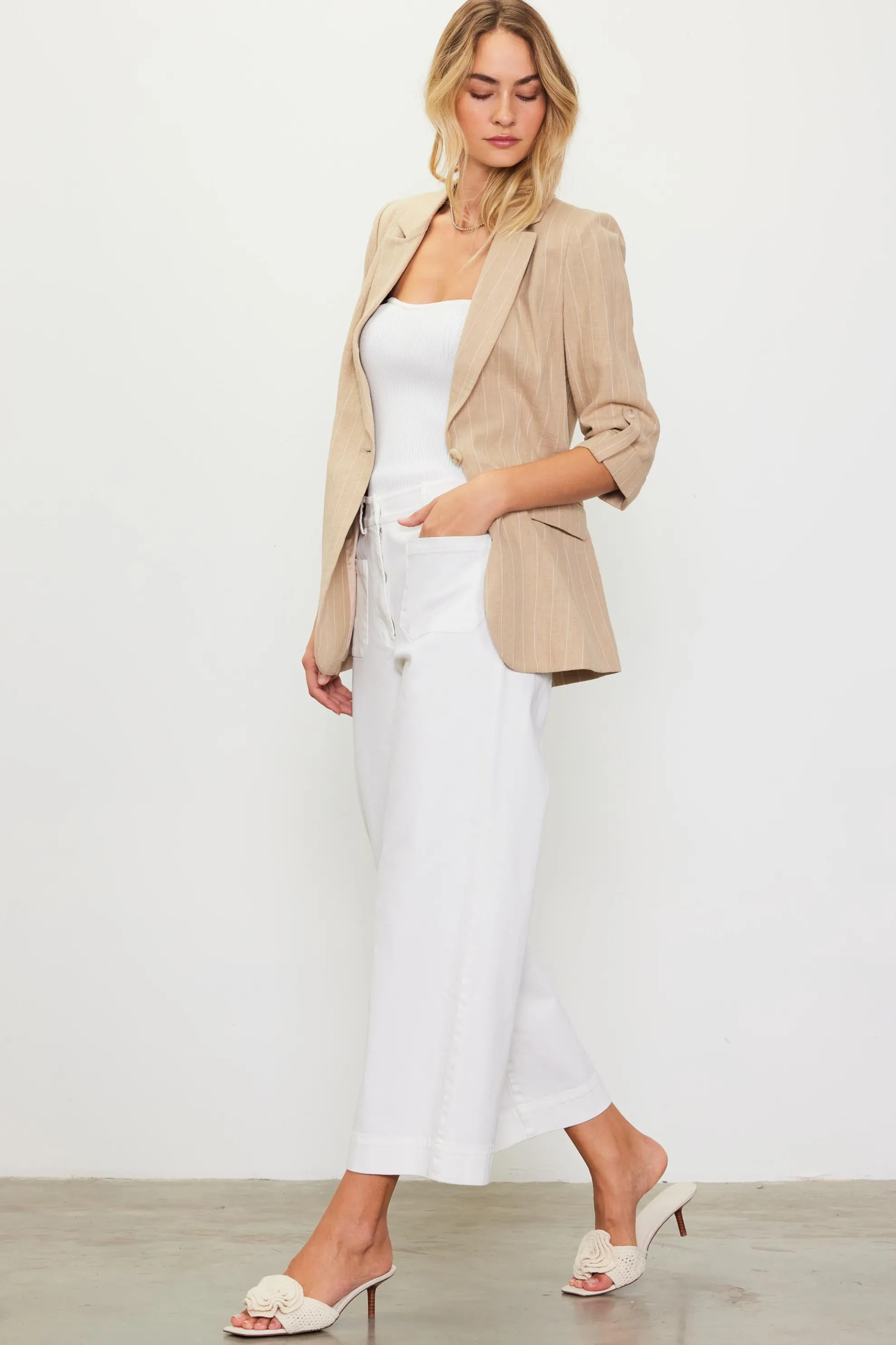 Linen Pinstripe Cuffed Blazer