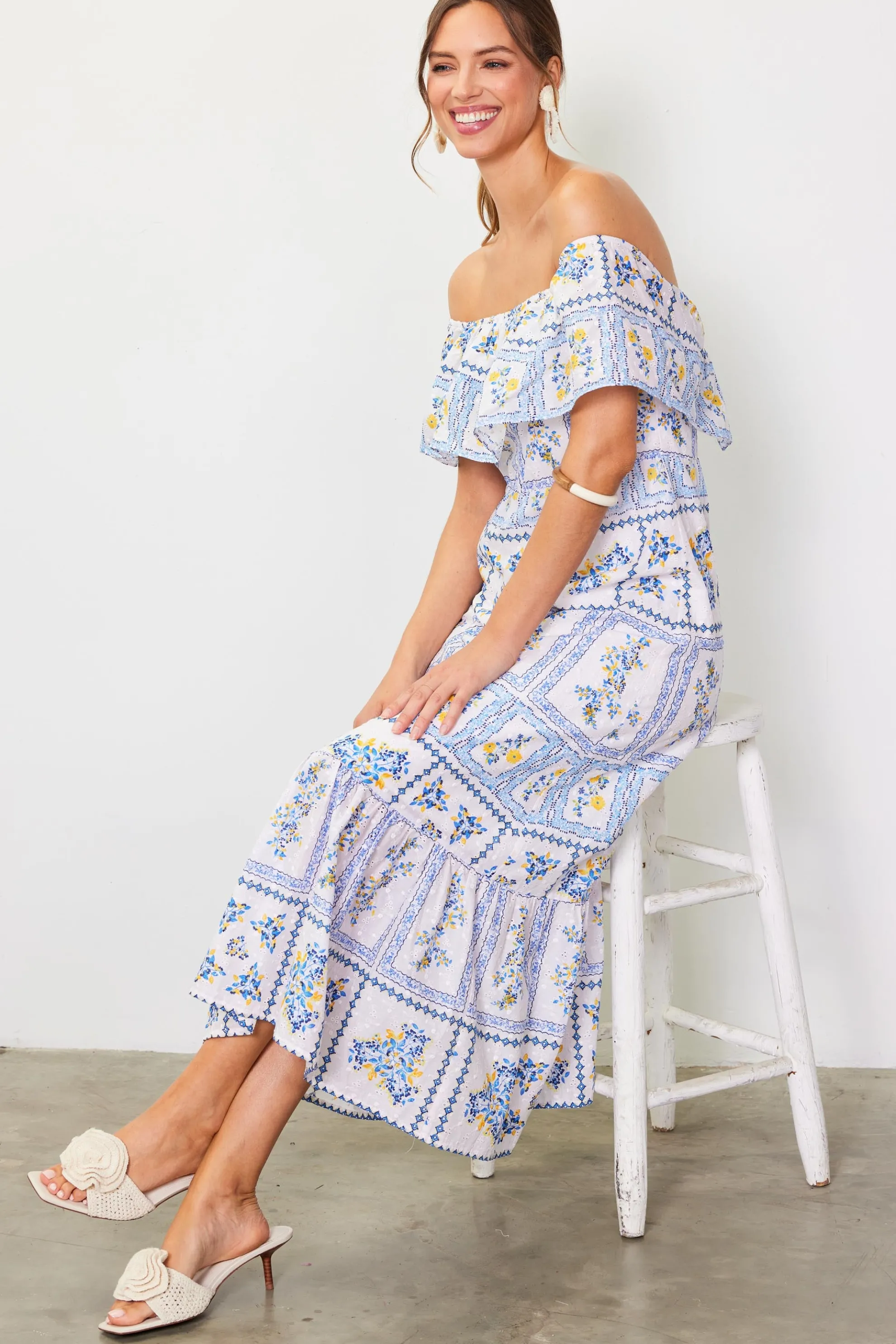 Eyelet Embroidered Print Maxi Dress