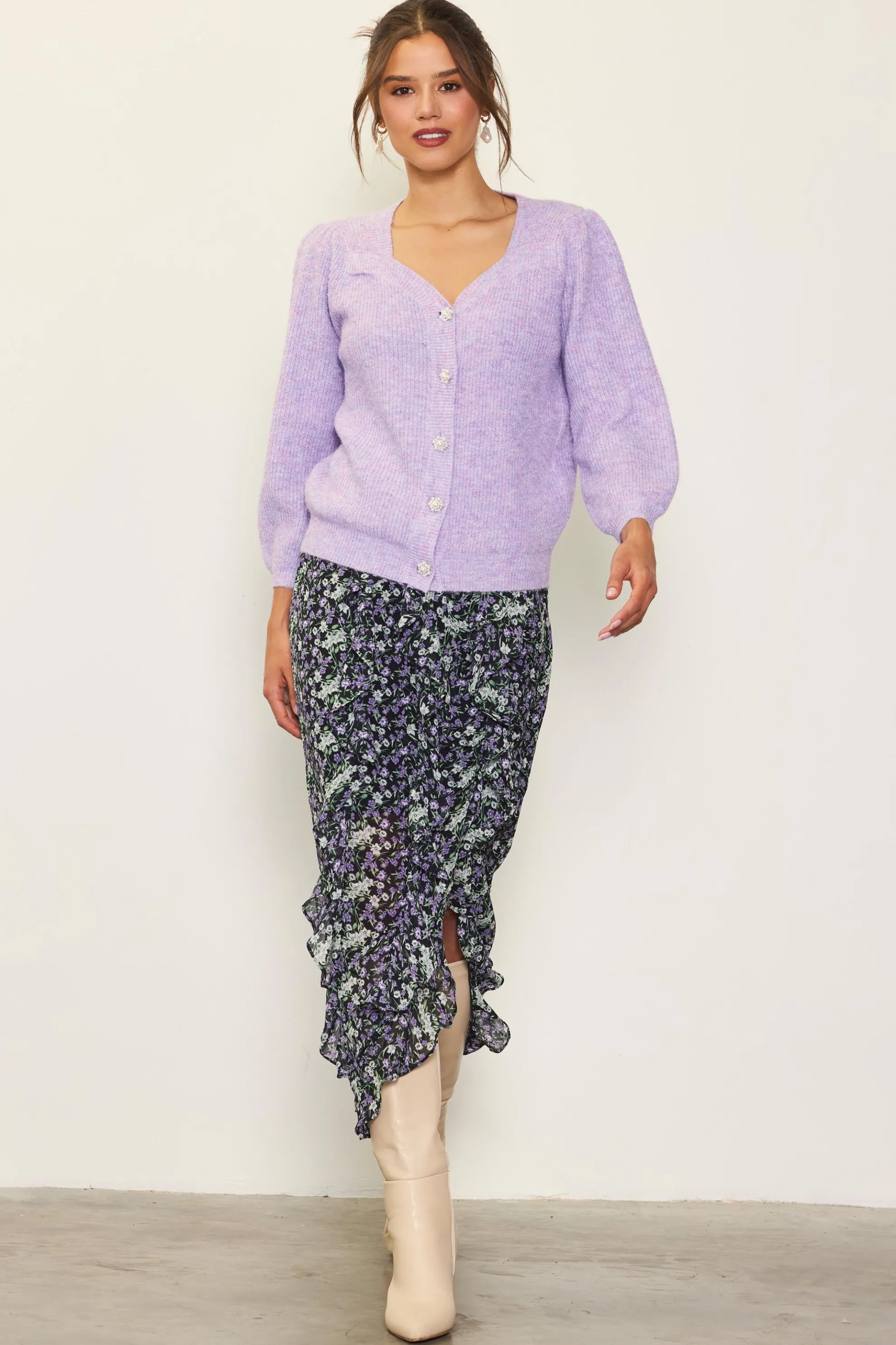 Ruffle Detail Slit Midi Skirt