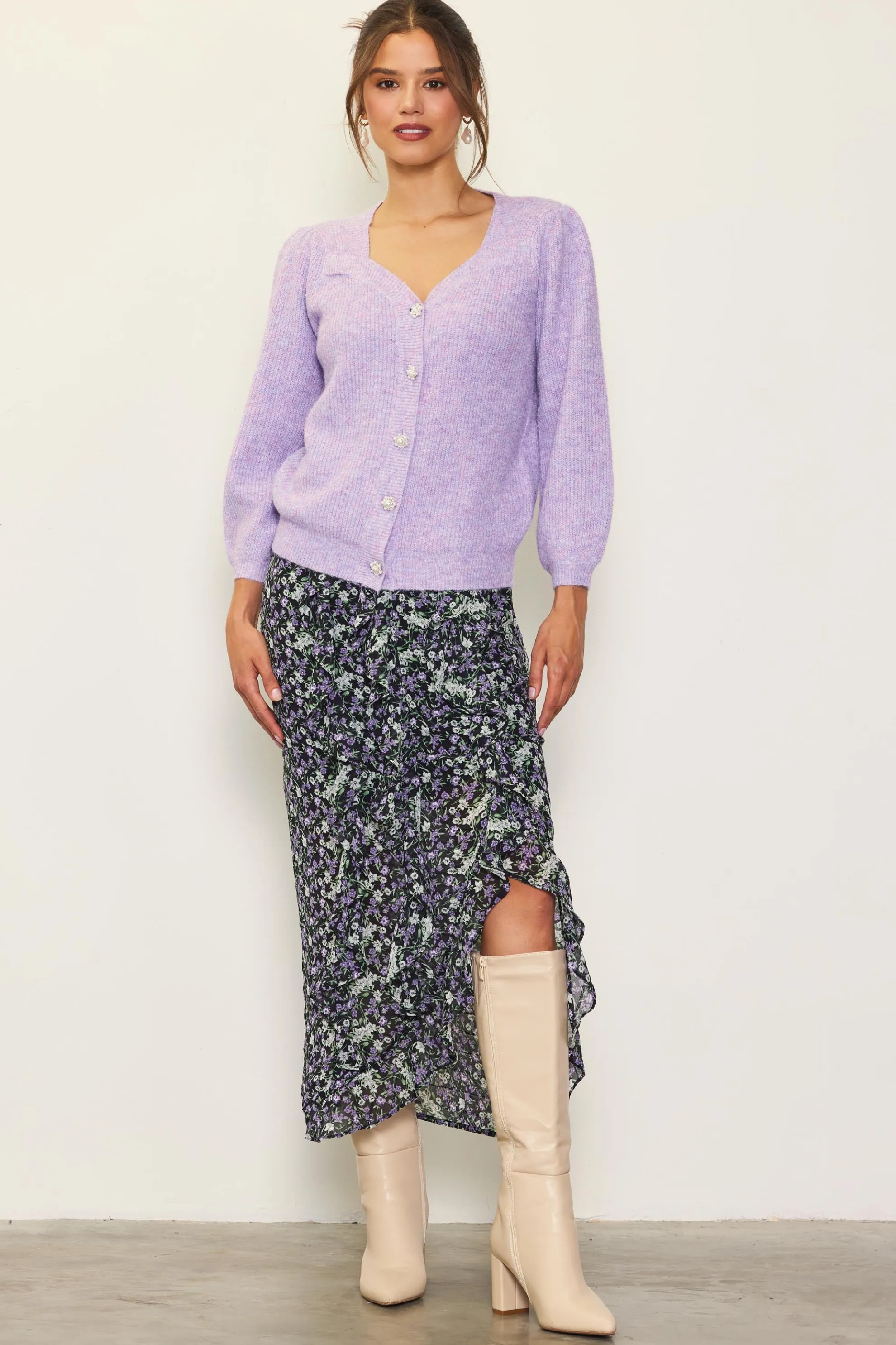 Ruffle Detail Slit Midi Skirt