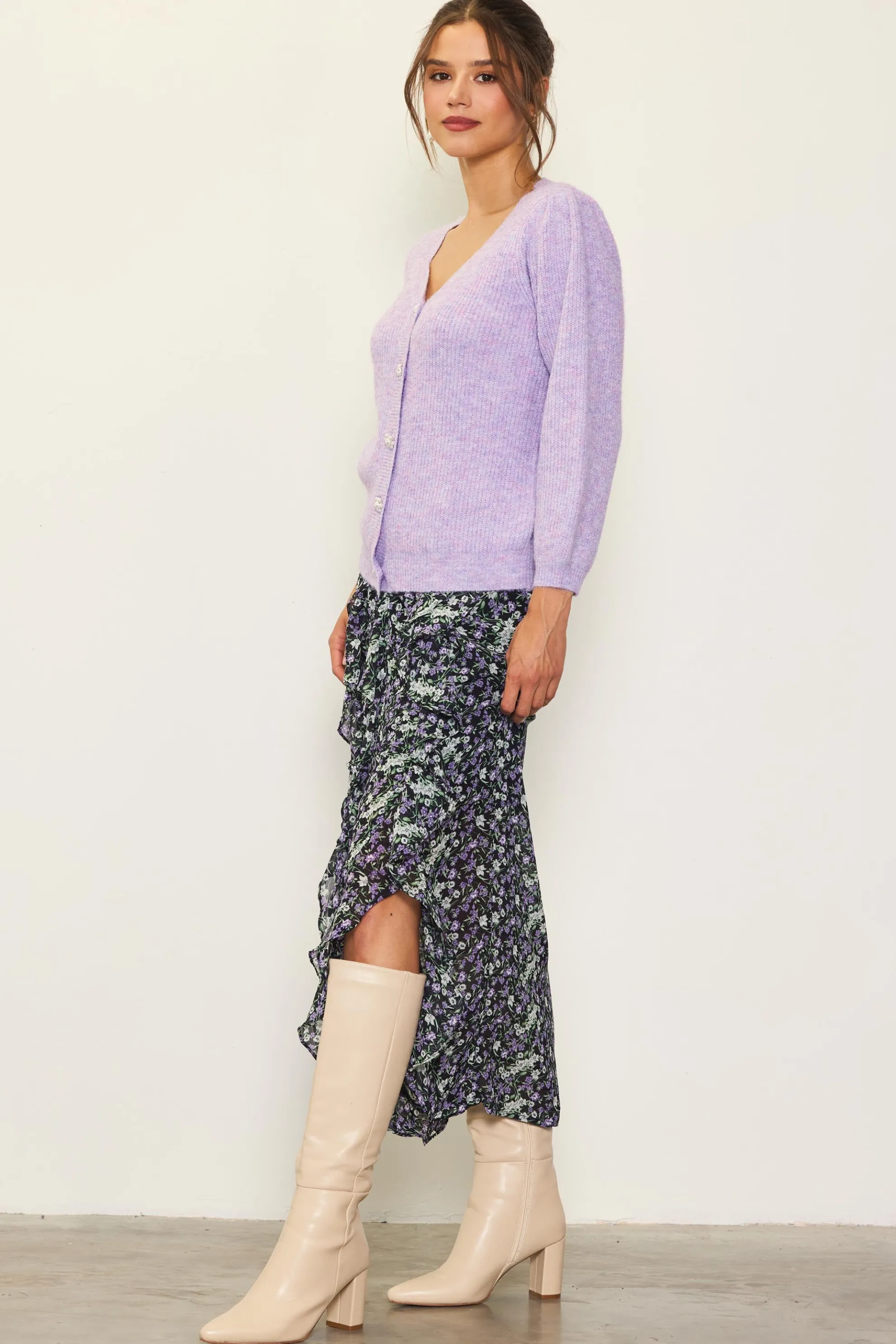 Ruffle Detail Slit Midi Skirt