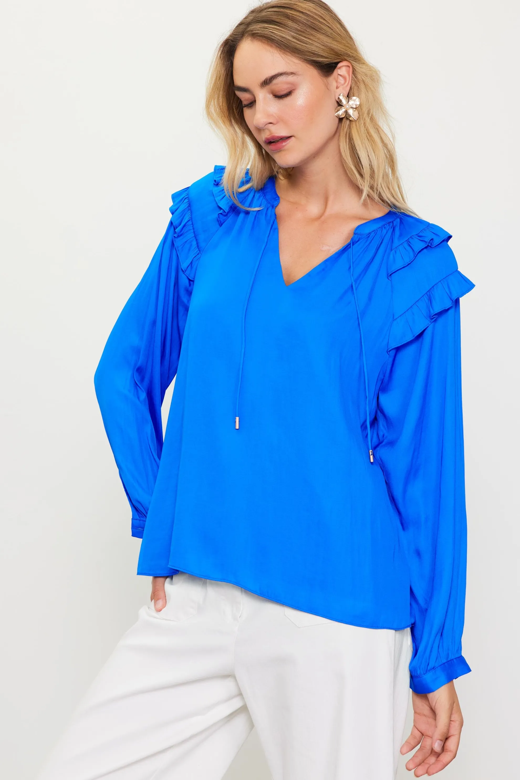 Adele Ruffled Split Neck Top