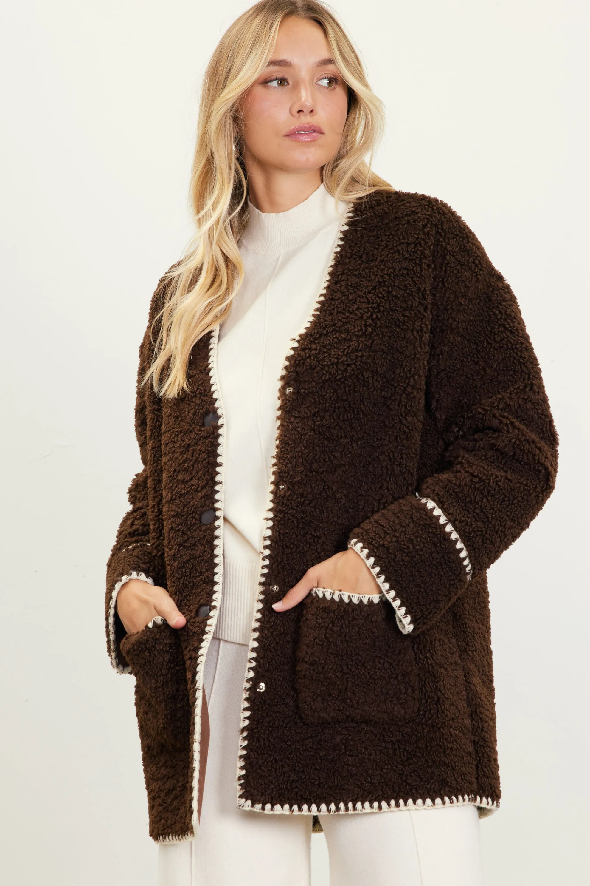 Noelle Contrast Stitch Detail Sherpa Coat