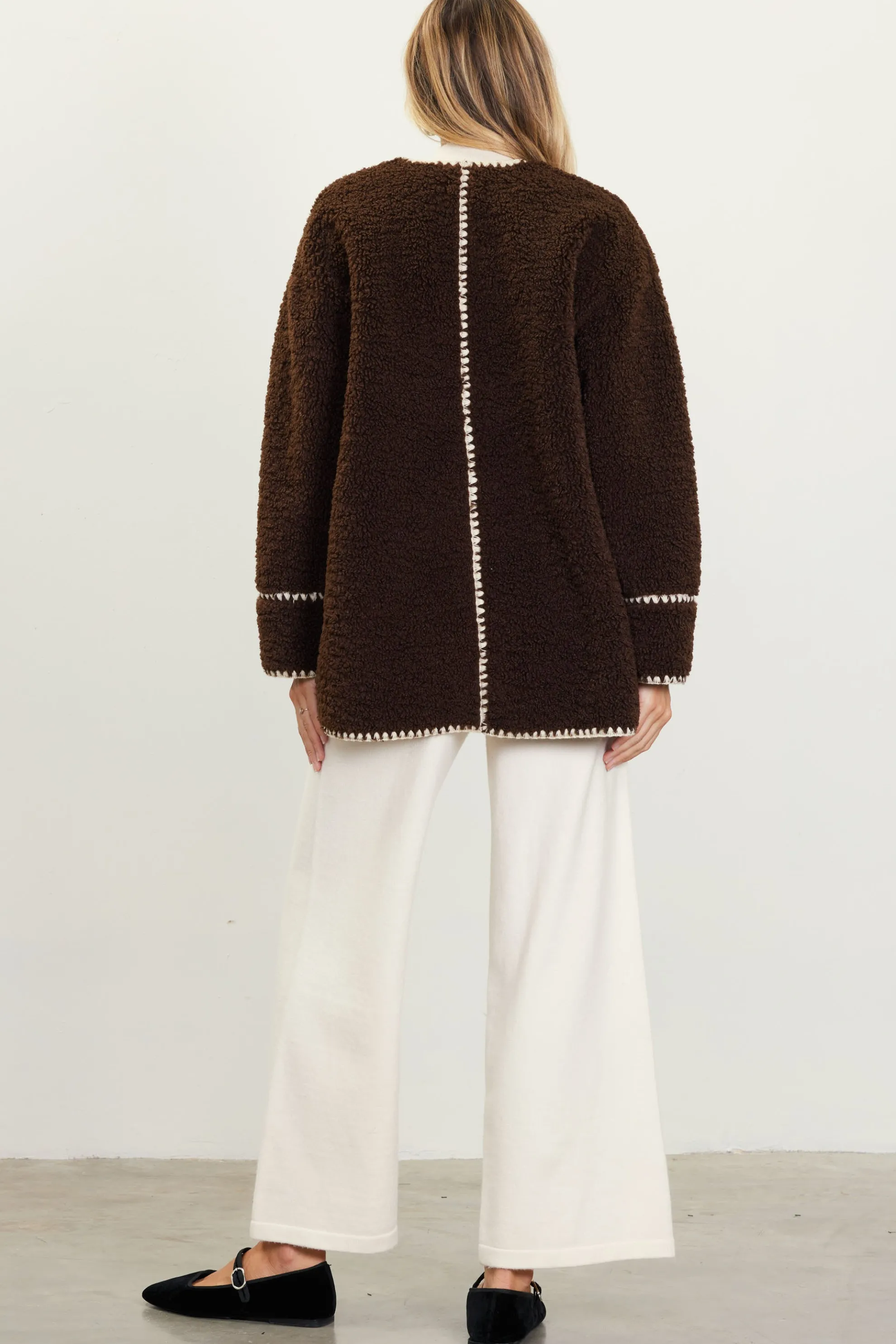 Noelle Contrast Stitch Detail Sherpa Coat