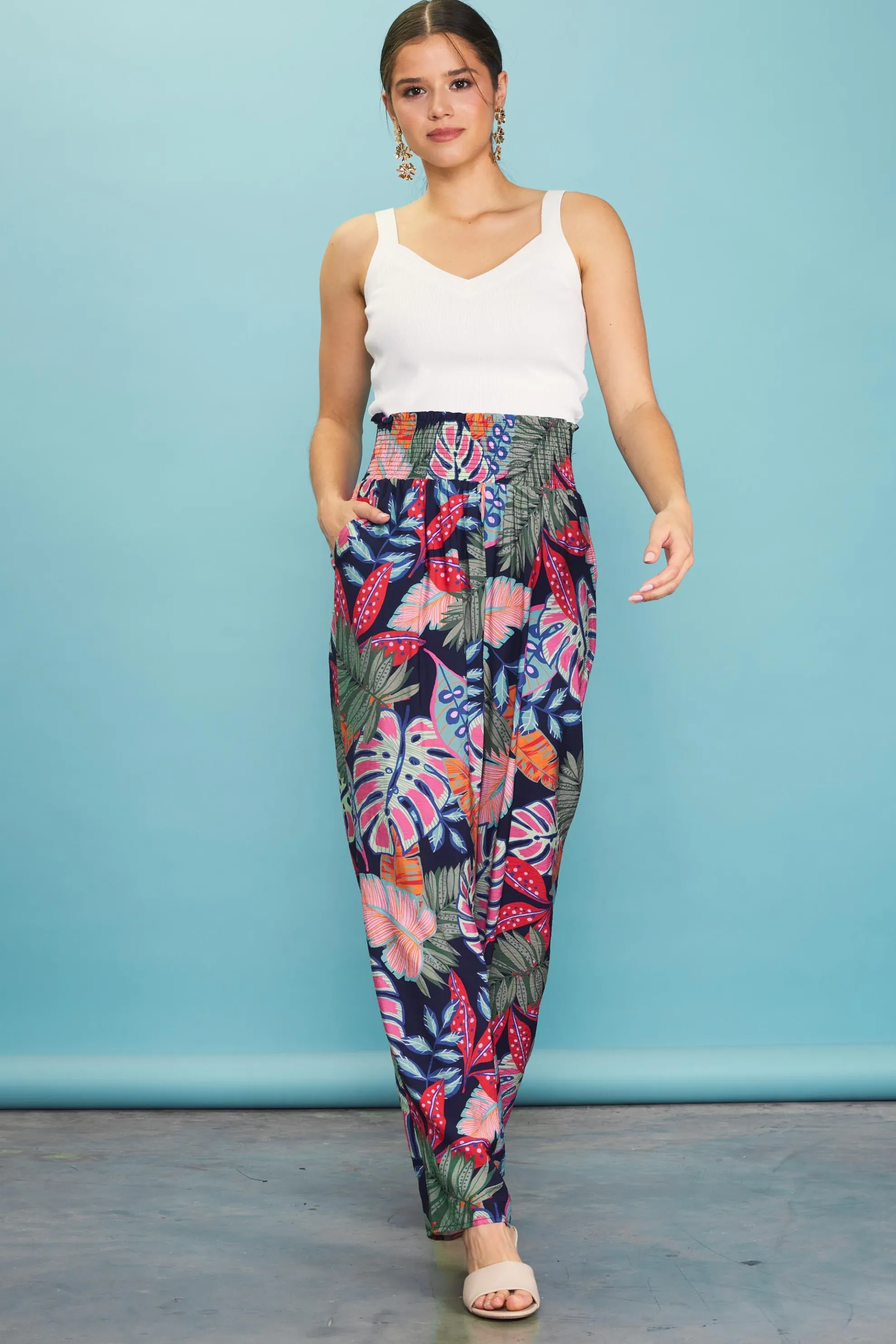 Ula Tropical Print Smocked Waist Pants