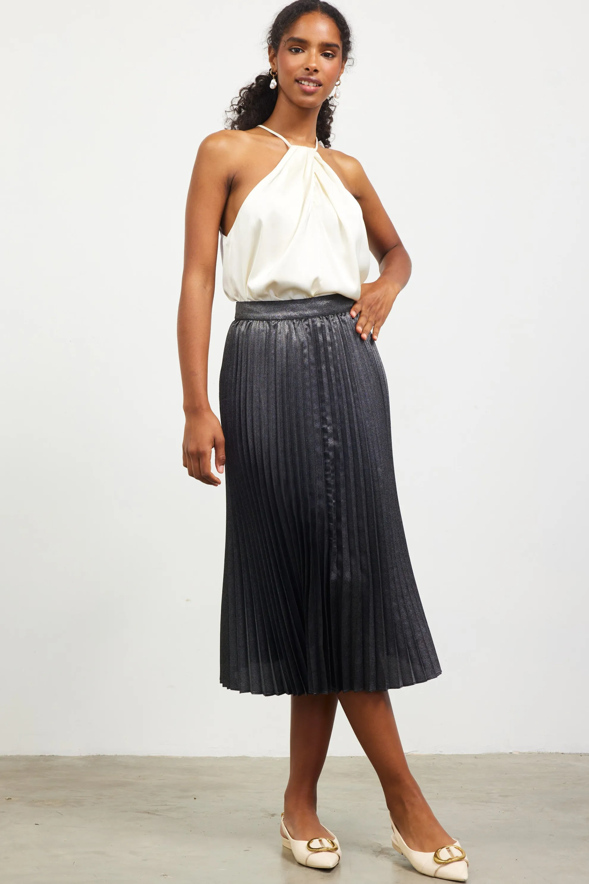 Metallic Foil Pleated Midi Skirt