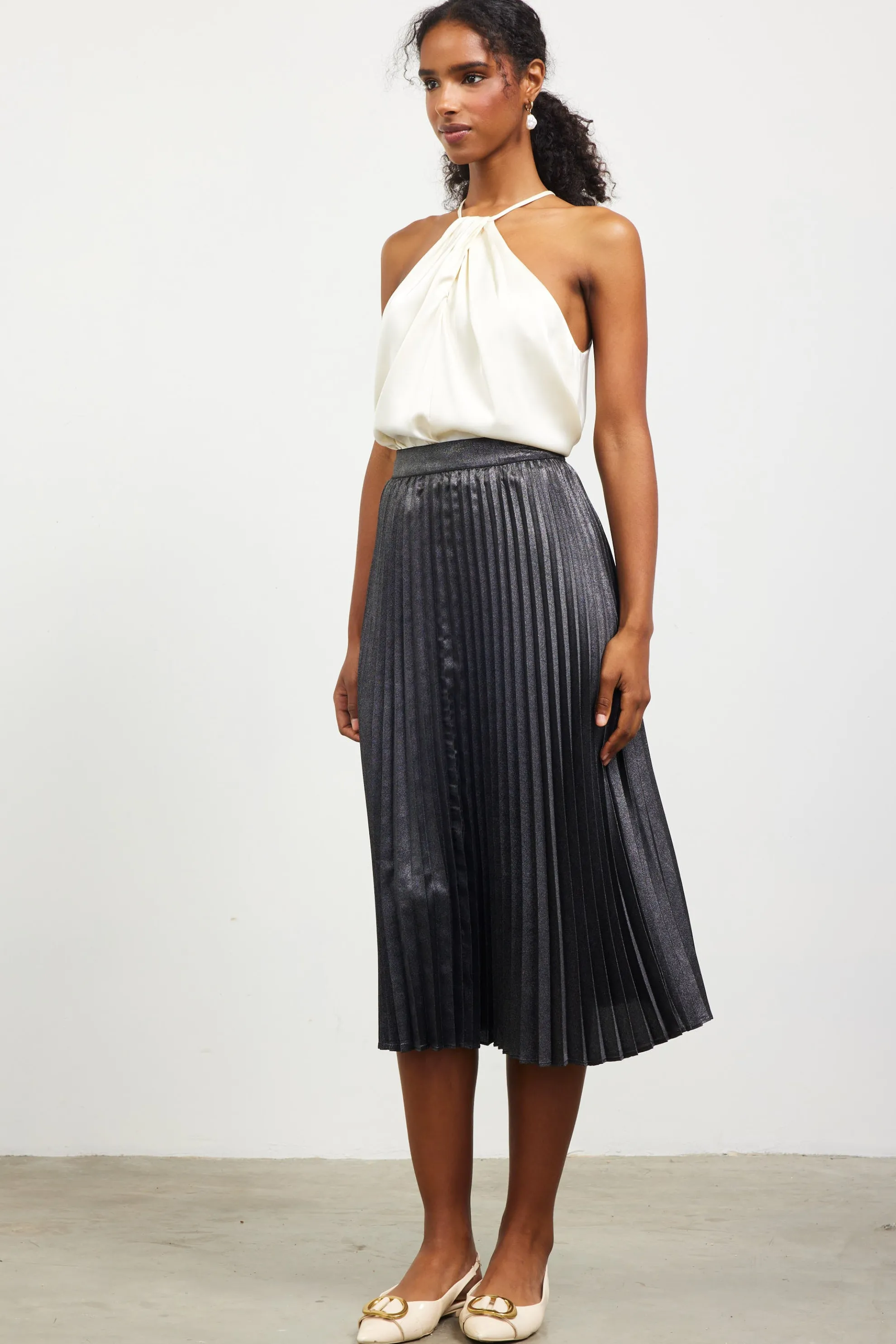Metallic Foil Pleated Midi Skirt