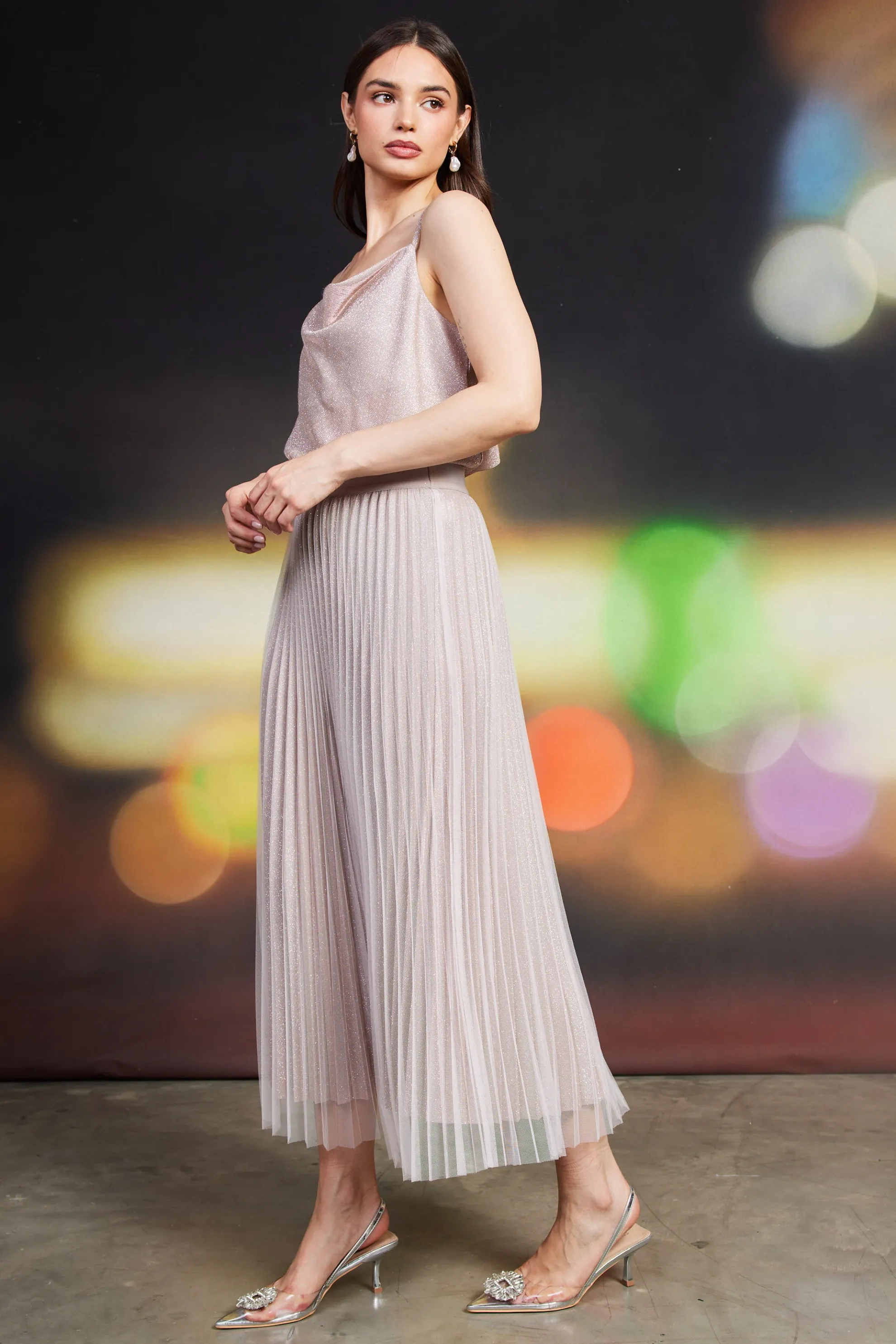 Shimmery Pleated Midi Skirt