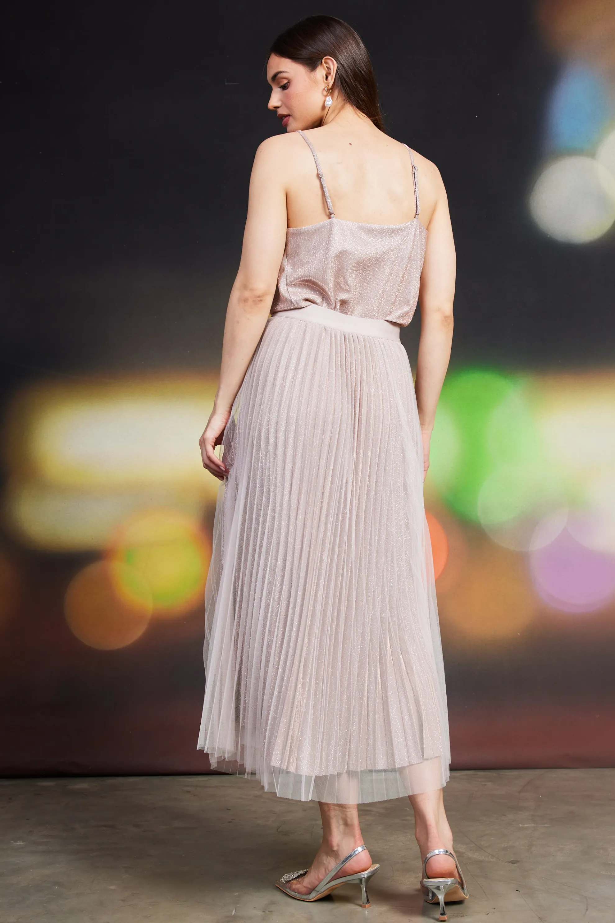 Shimmery Pleated Midi Skirt