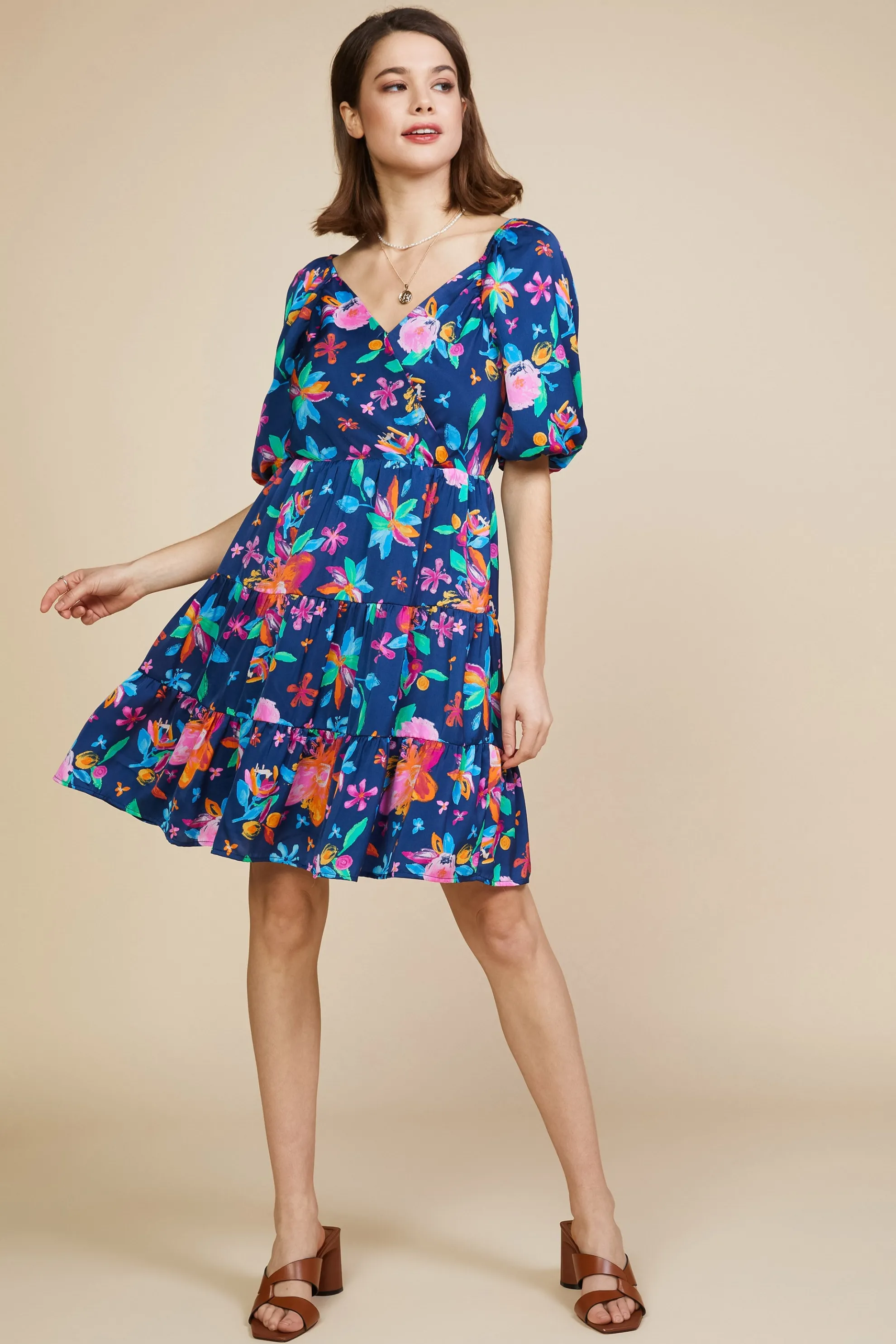 Aquatic Floral Surplice Short Dress