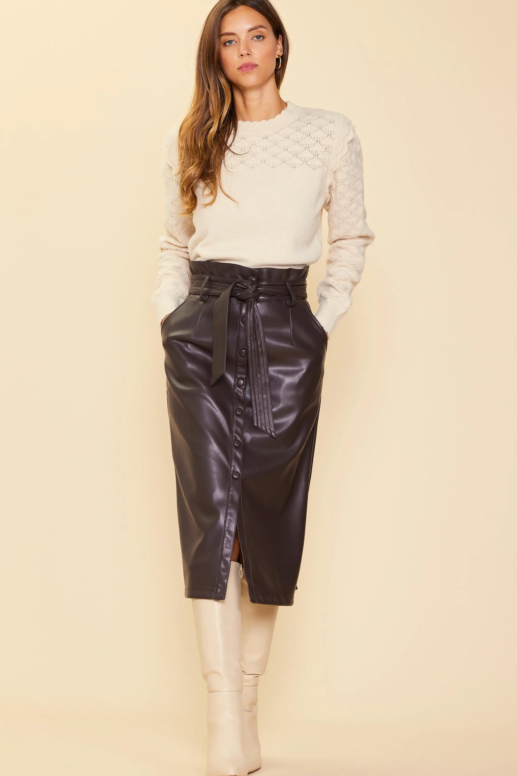 Vegan Leather Front Tie Midi Skirt
