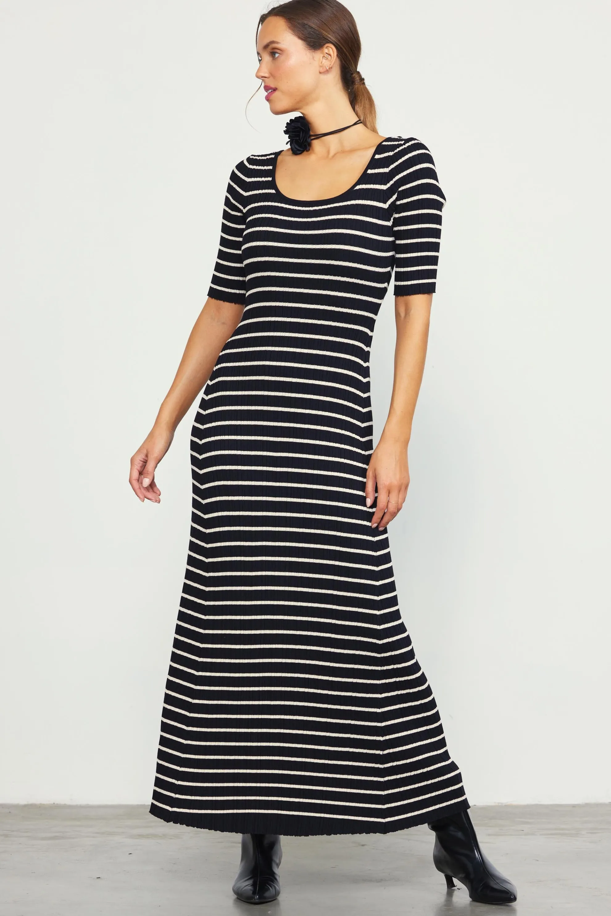 Short Sleeve Striped Knit Maxi Dress