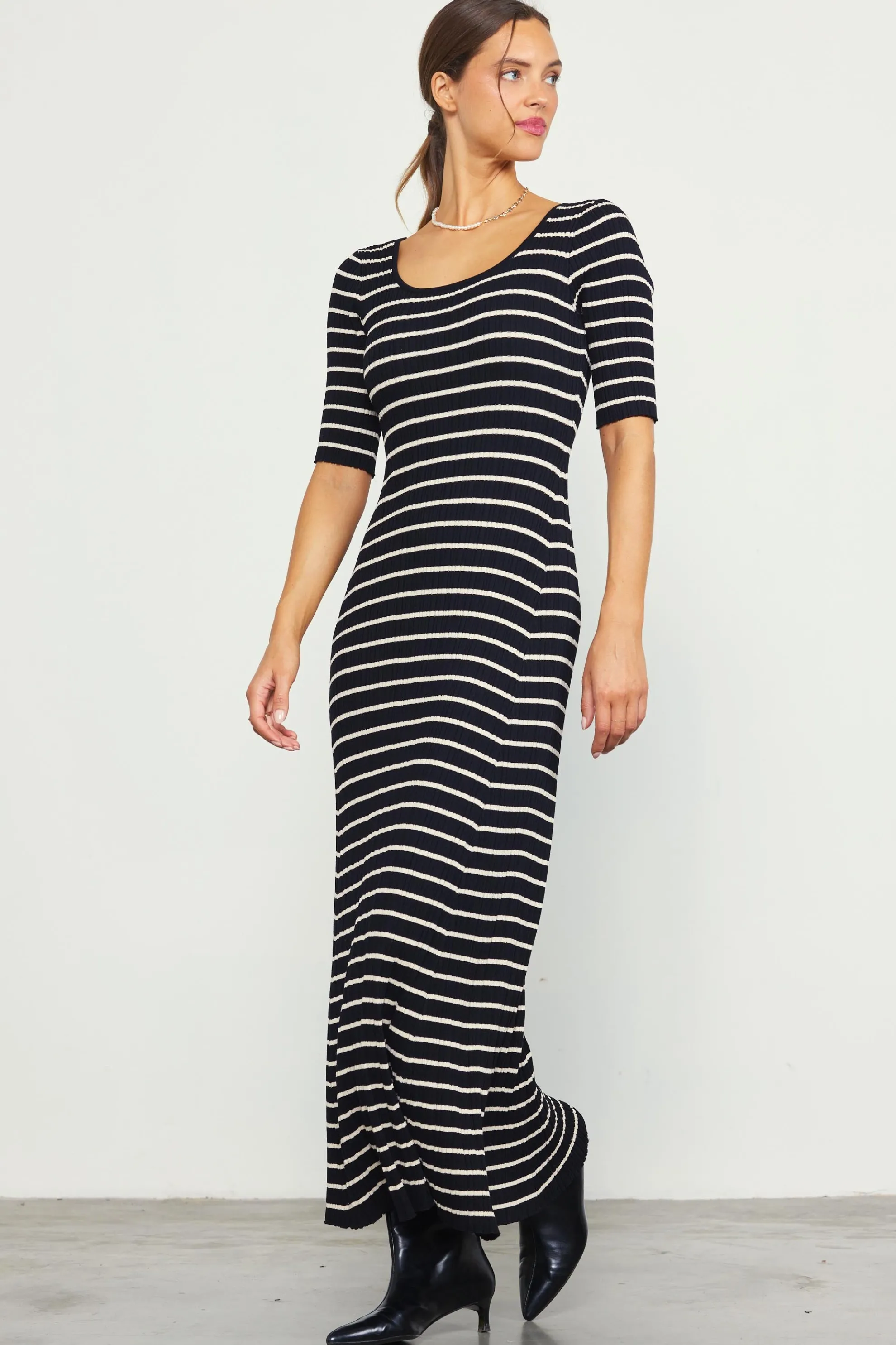 Short Sleeve Striped Knit Maxi Dress