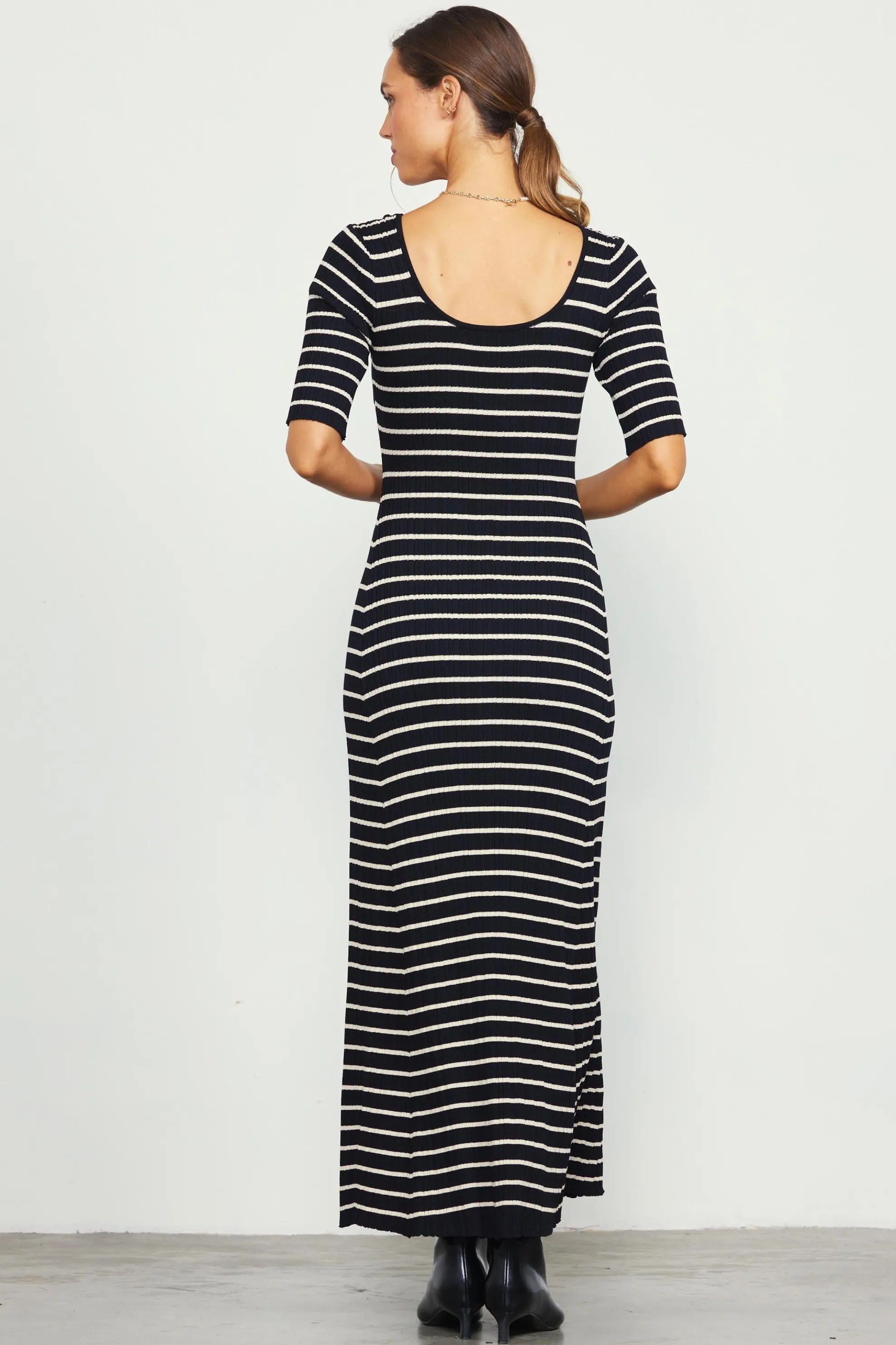 Short Sleeve Striped Knit Maxi Dress