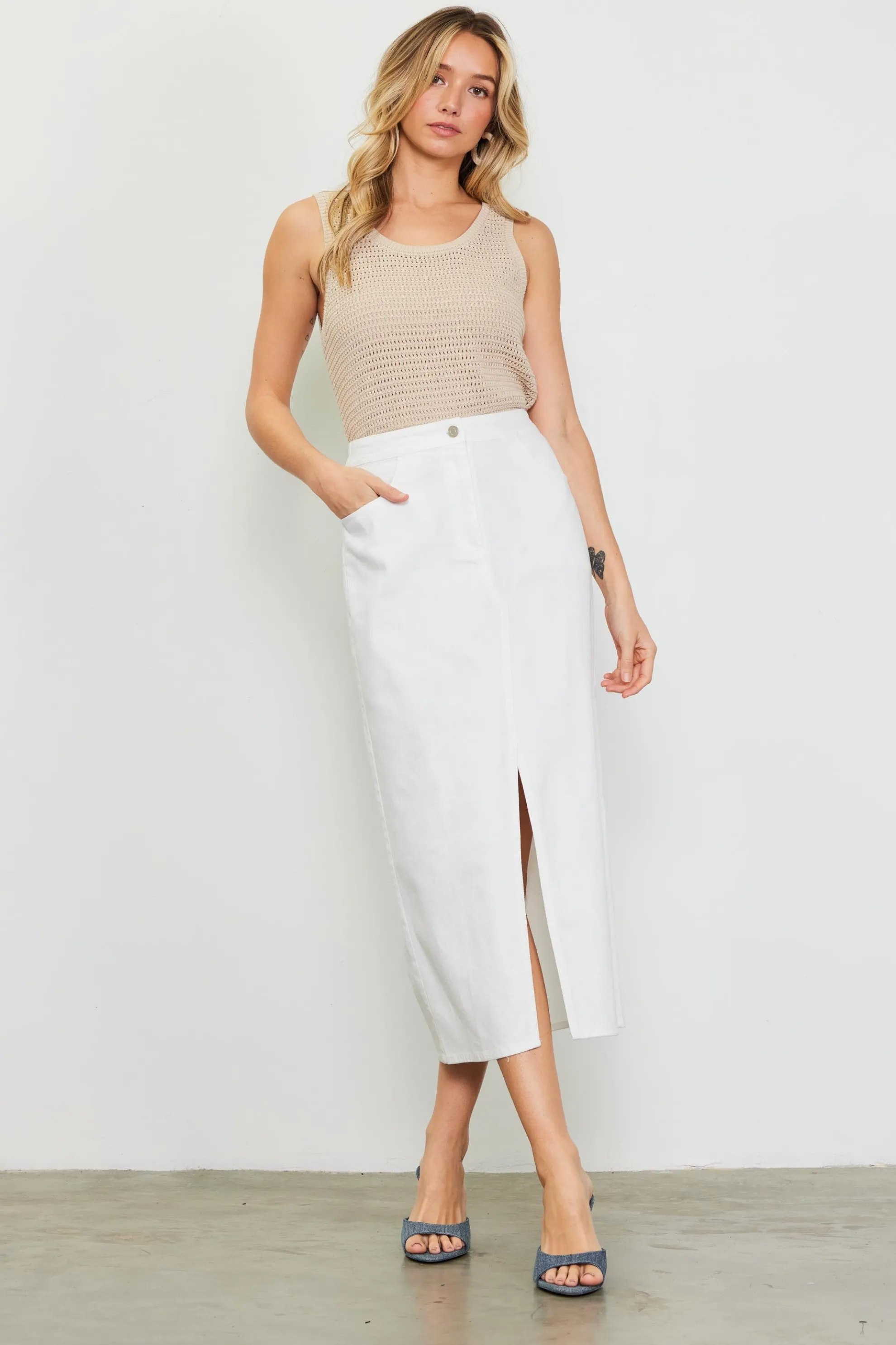 Washed Cotton Twill Midi Skirt