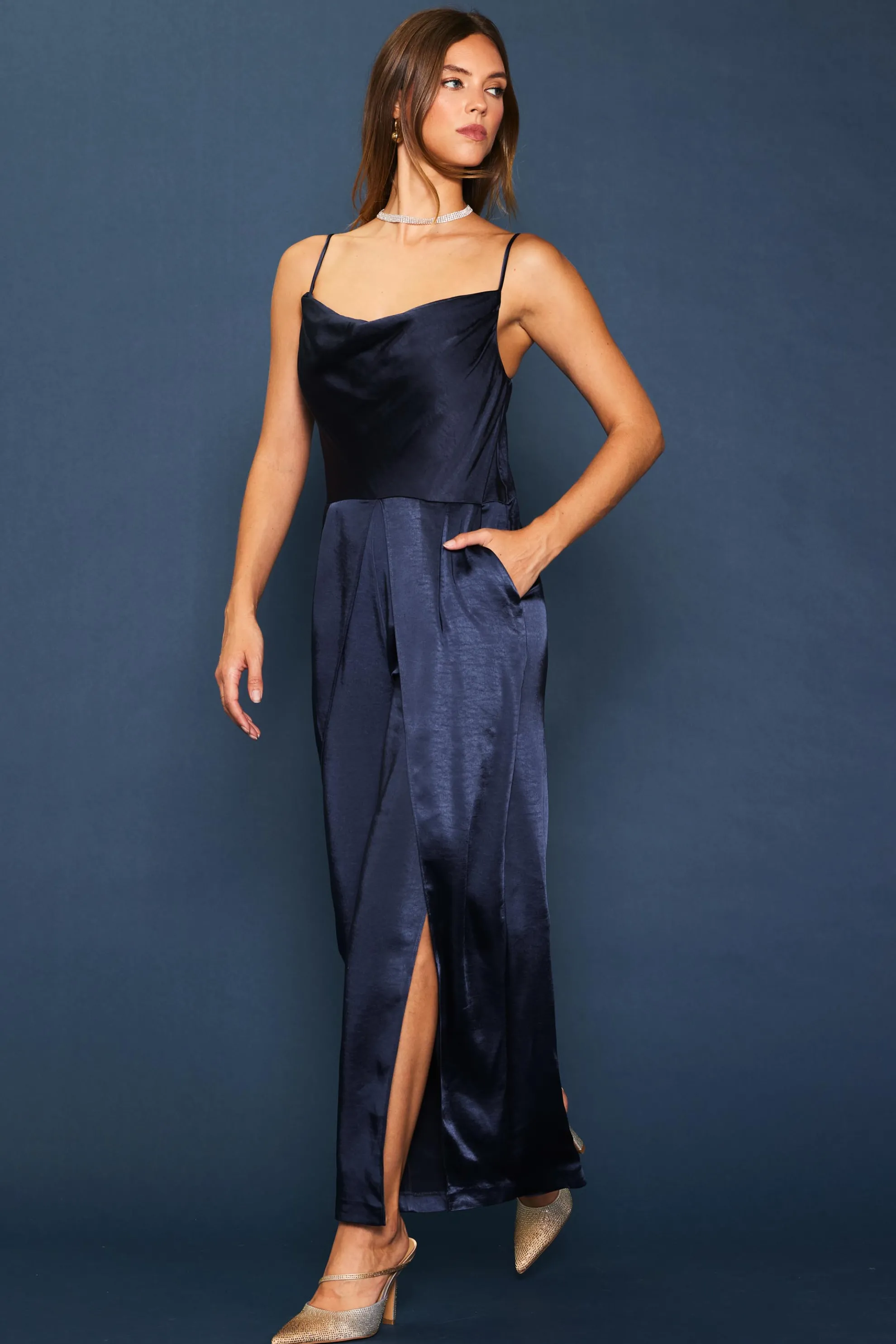Cowl Neckline Satin Jumpsuit