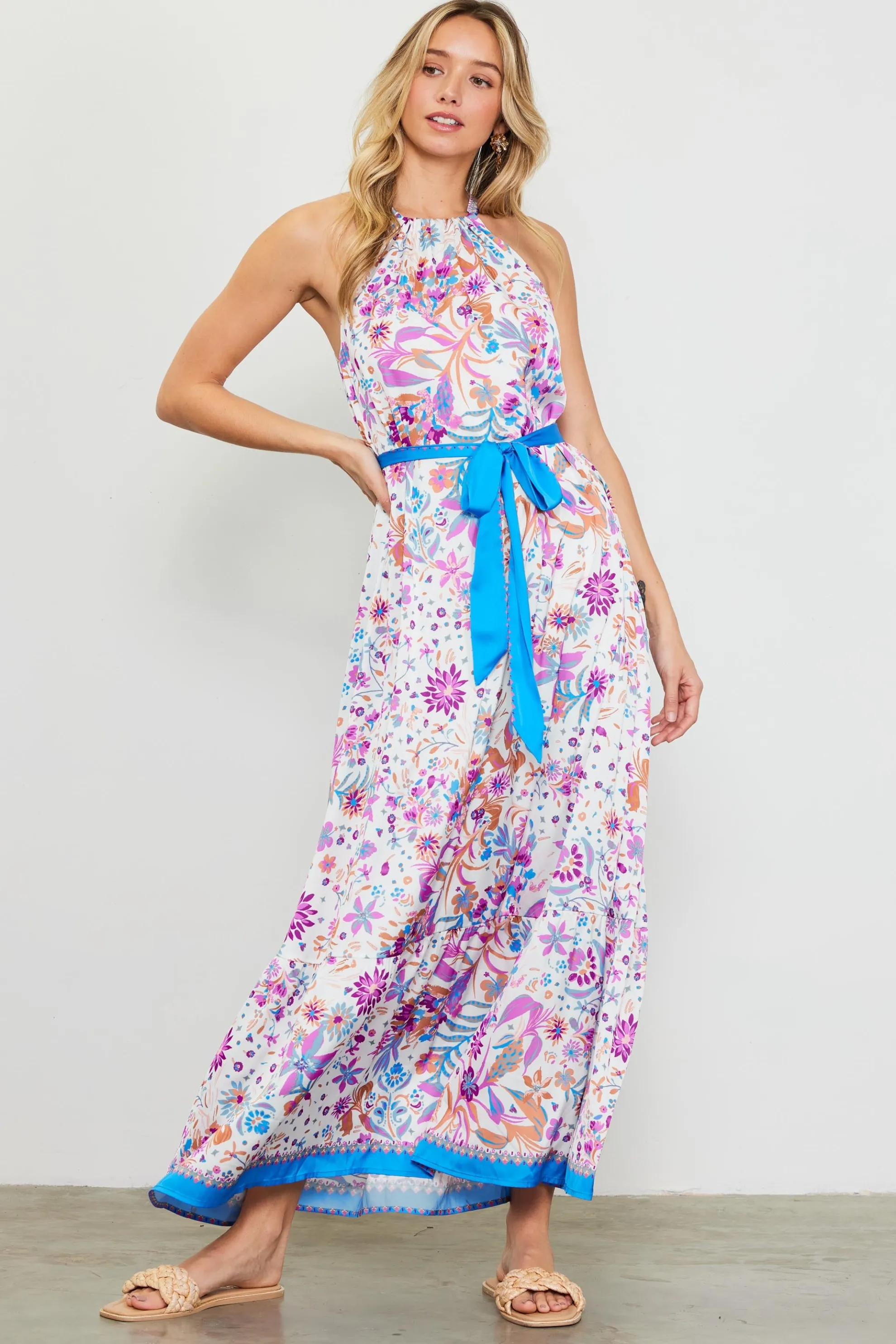 Magnolia Border Print Halter Neck Maxi Dress