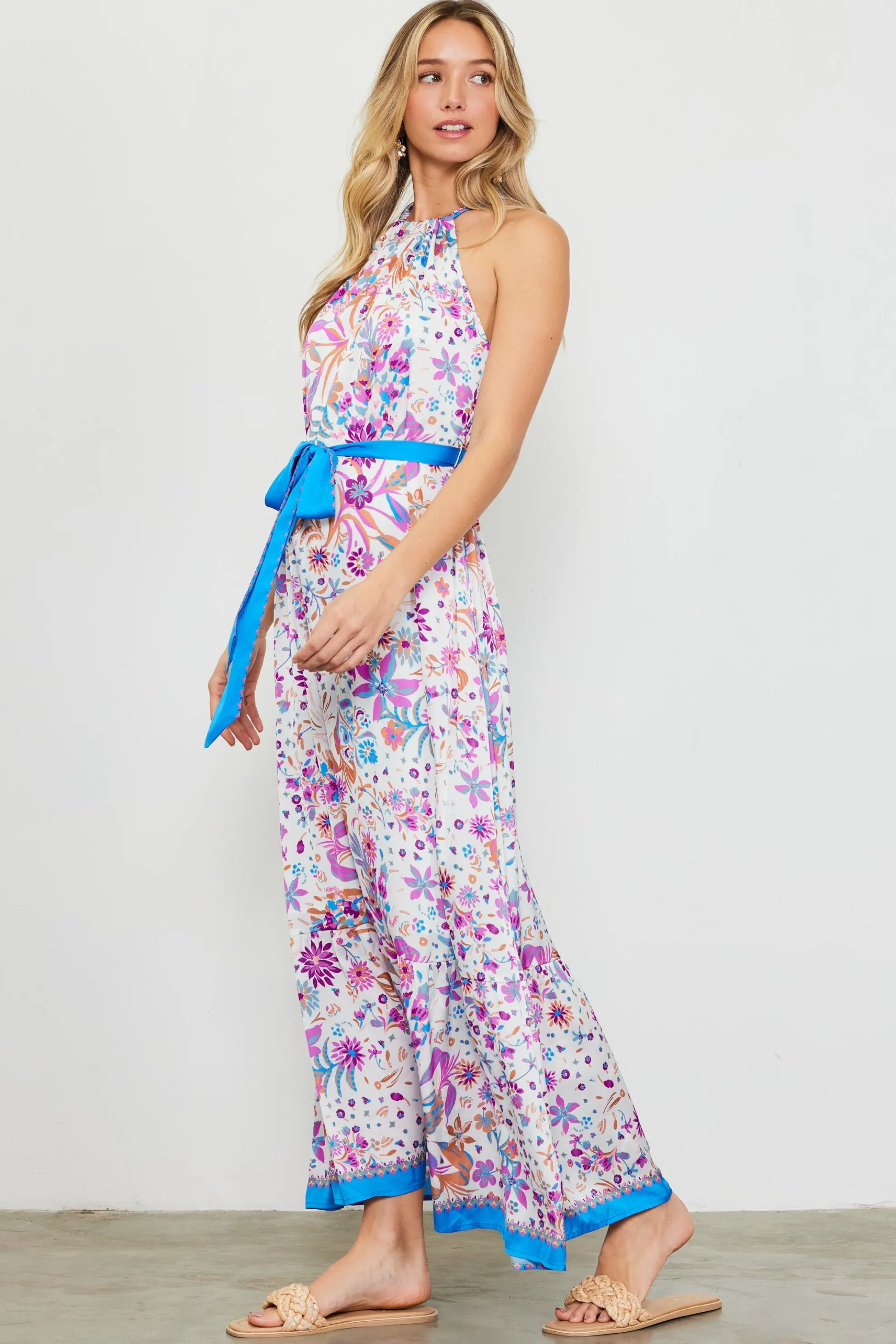 Magnolia Border Print Halter Neck Maxi Dress