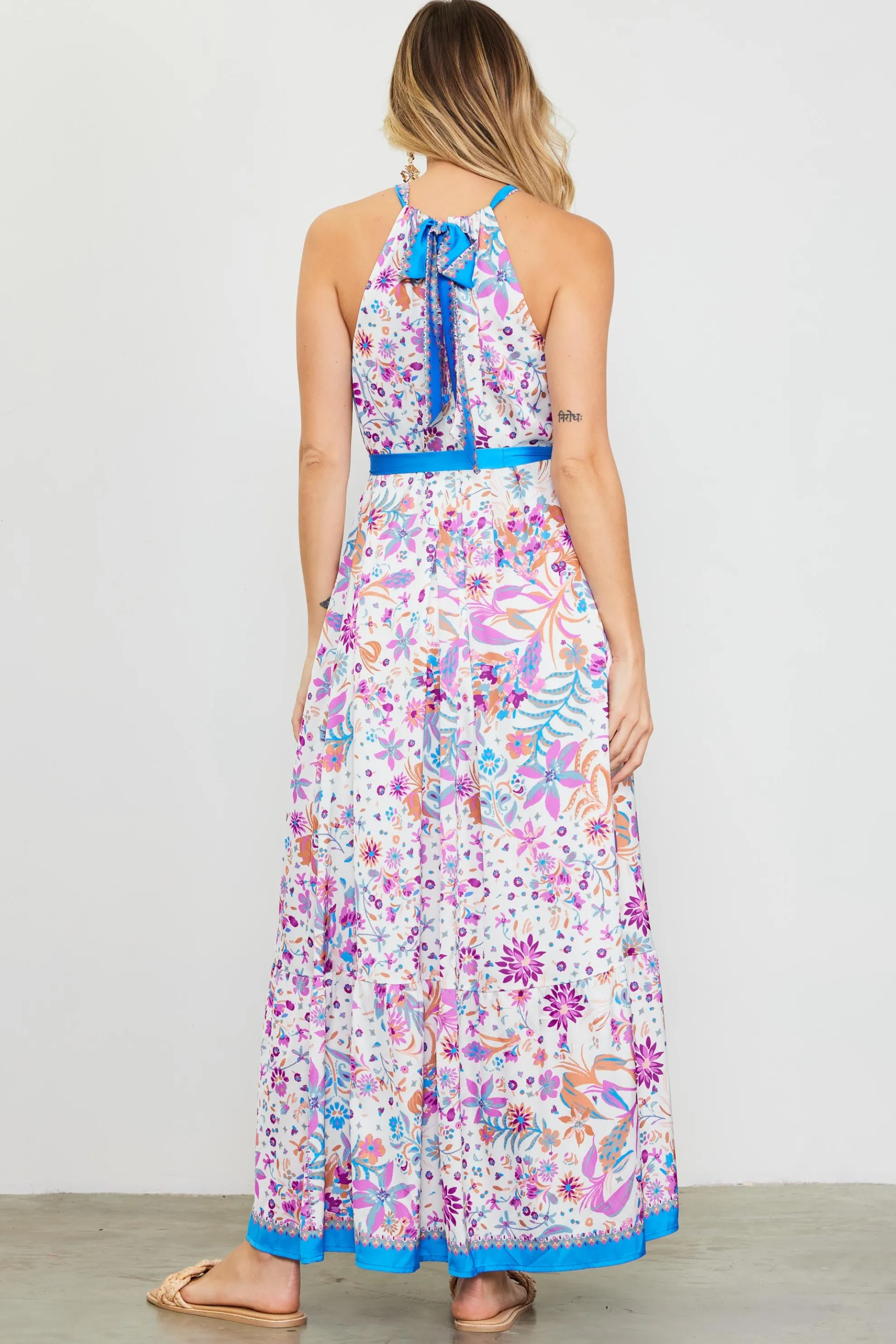Magnolia Border Print Halter Neck Maxi Dress