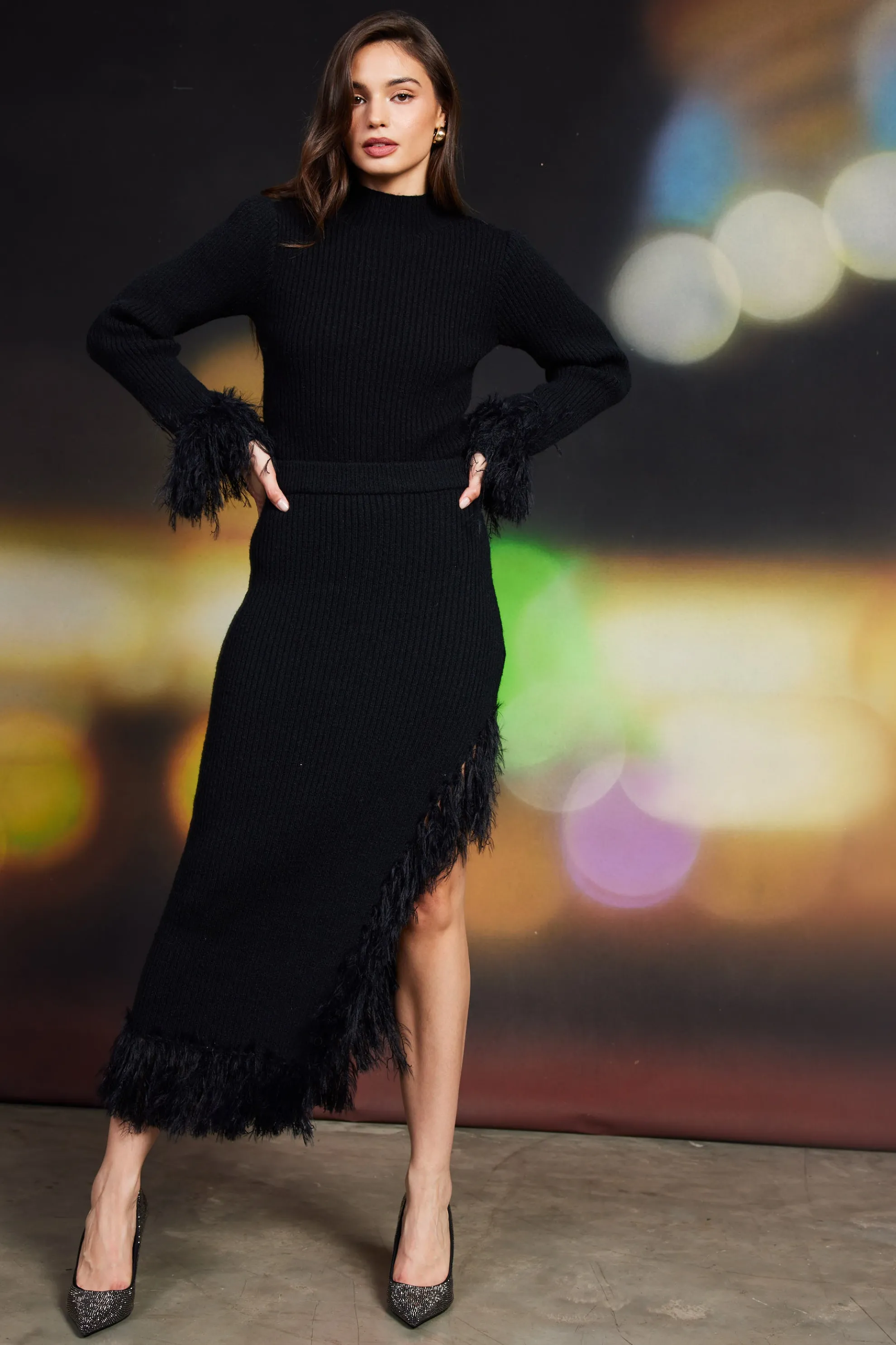 Clio Feathered Fringe Asymmetrical Skirt