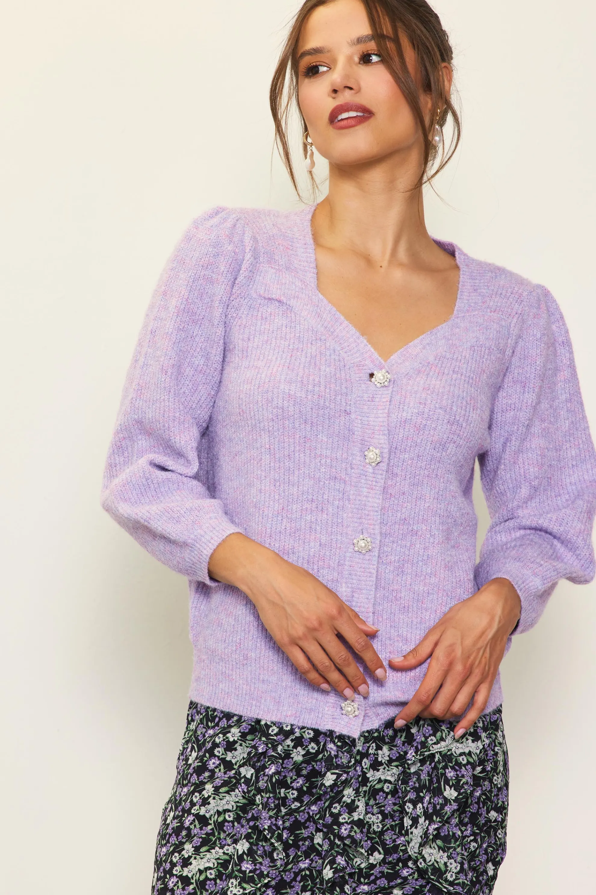Jewelry Button Puff Sleeve Cardigan