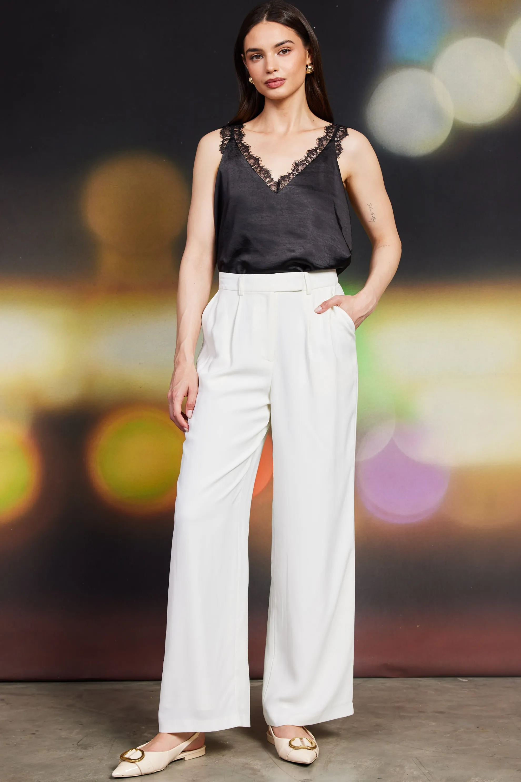 Pintuck Wide Leg Trousers