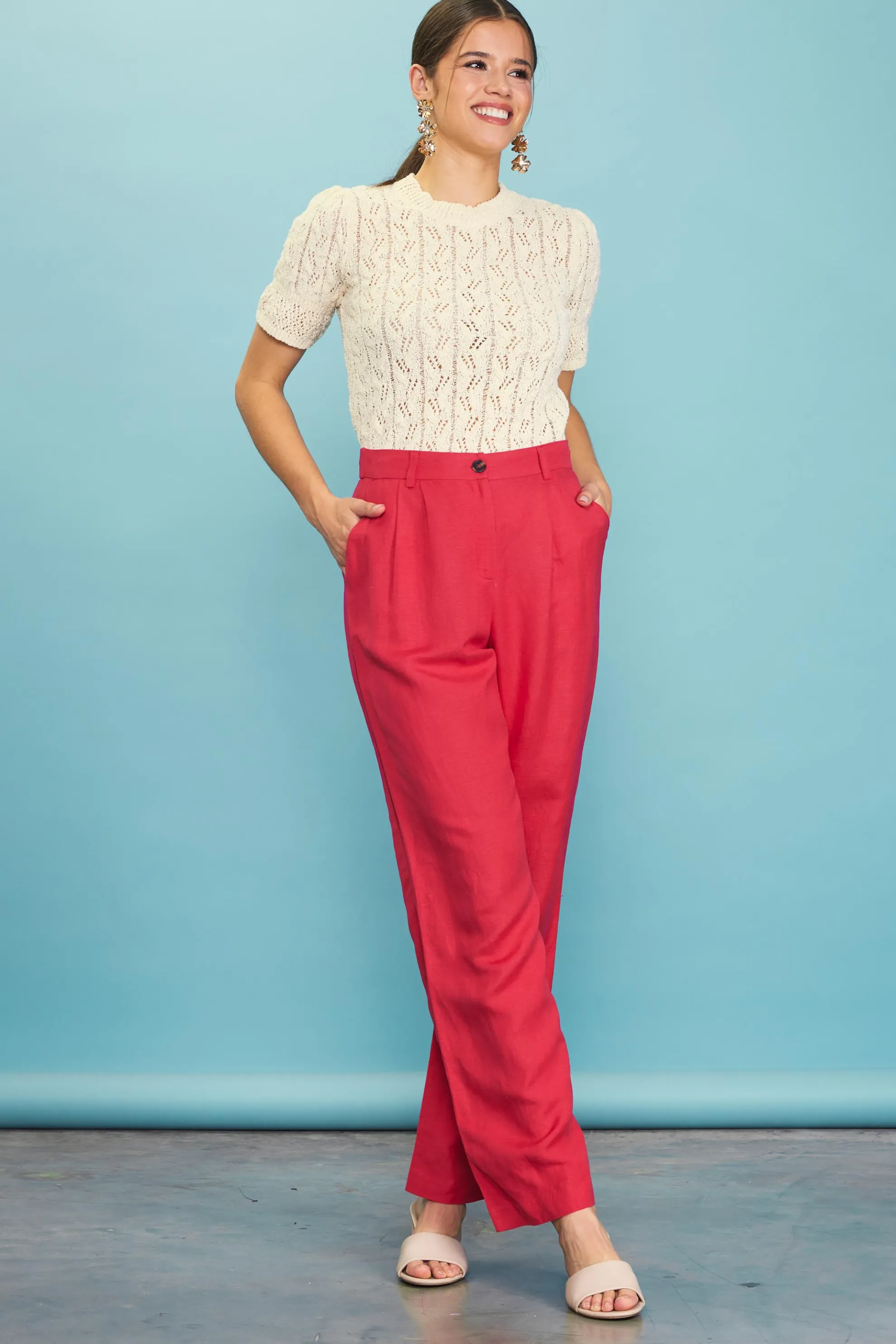 Linen Blend Wide Leg Trousers