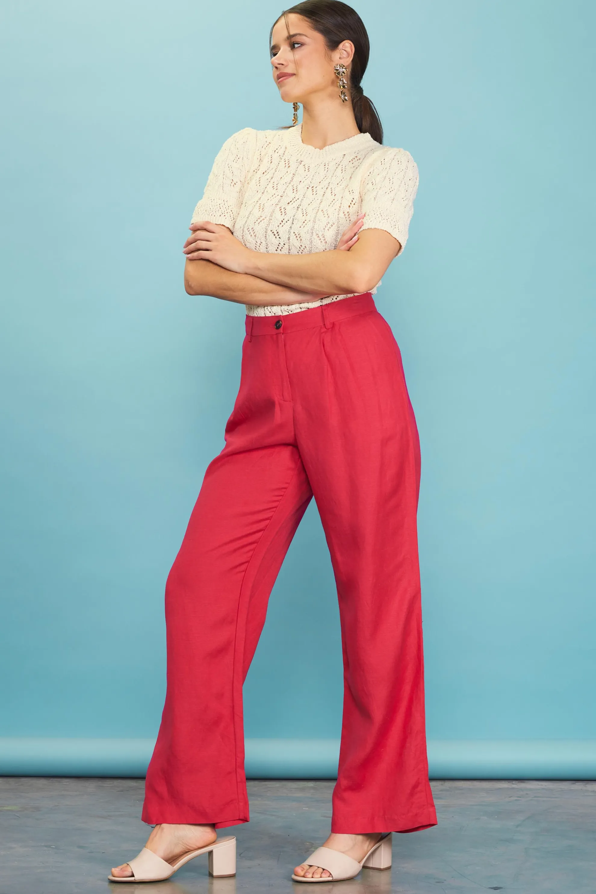 Linen Blend Wide Leg Trousers