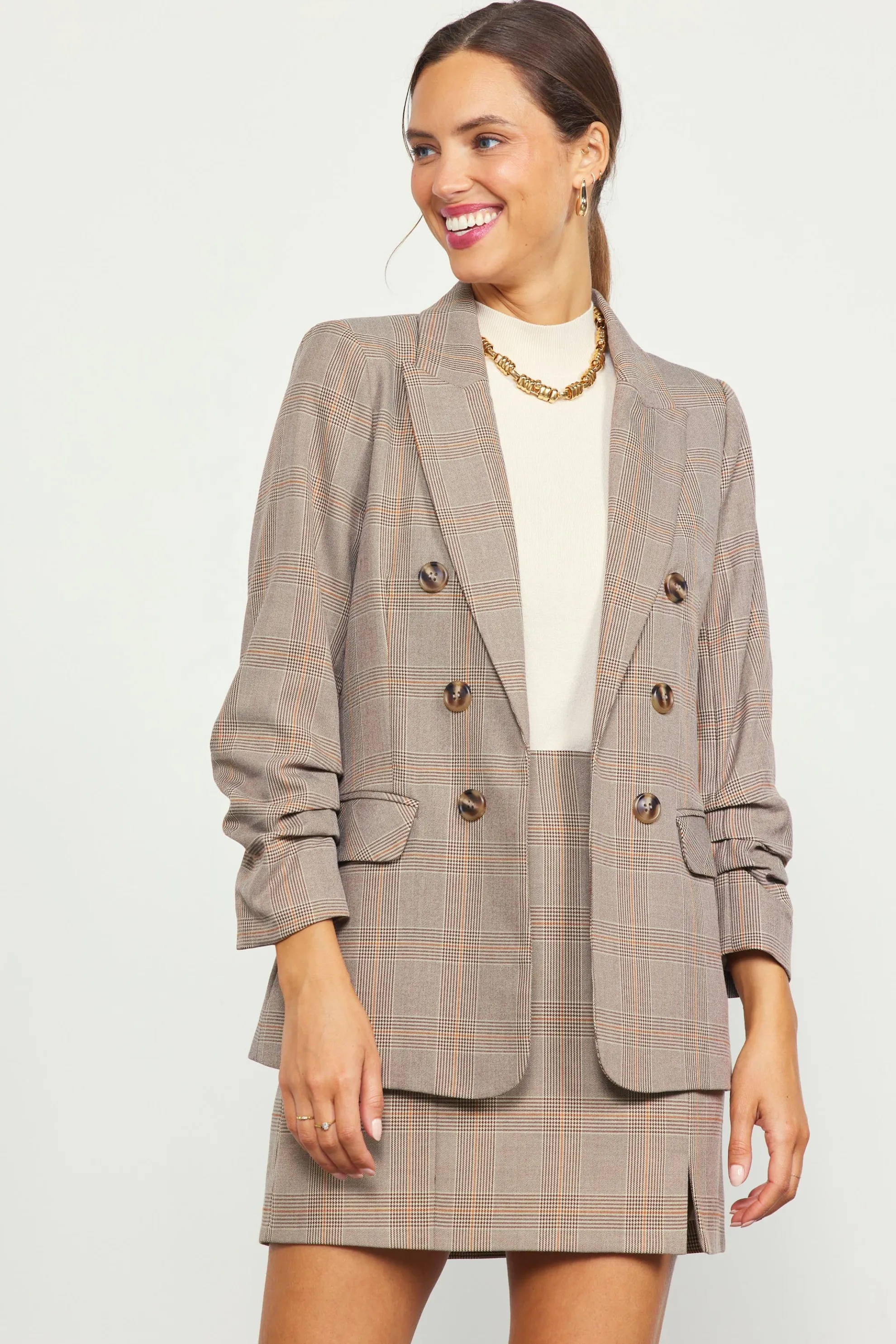 Plaid Ruched Sleeve Tailored Blazer