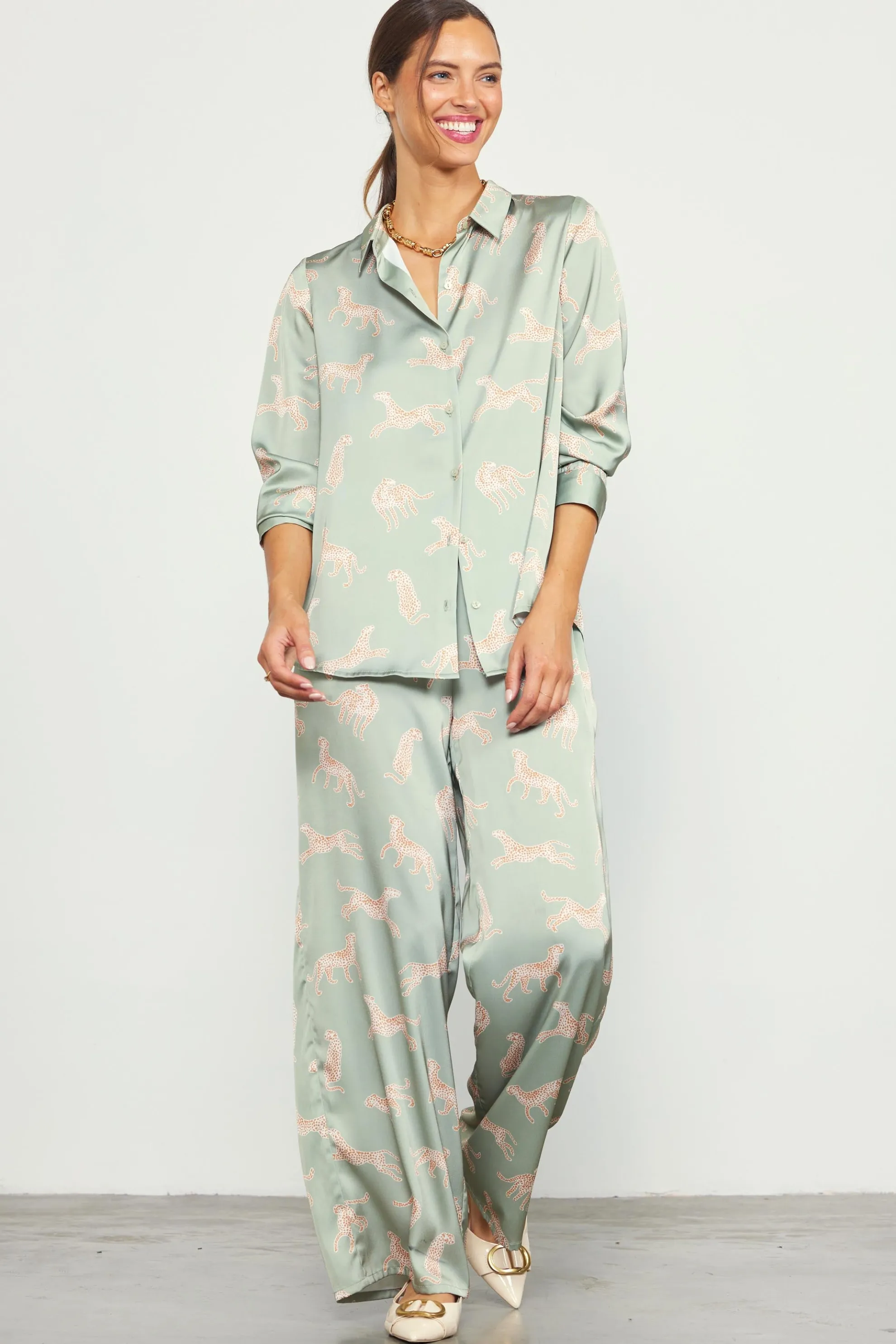 Cheetah Print Satin Button Down Blouse