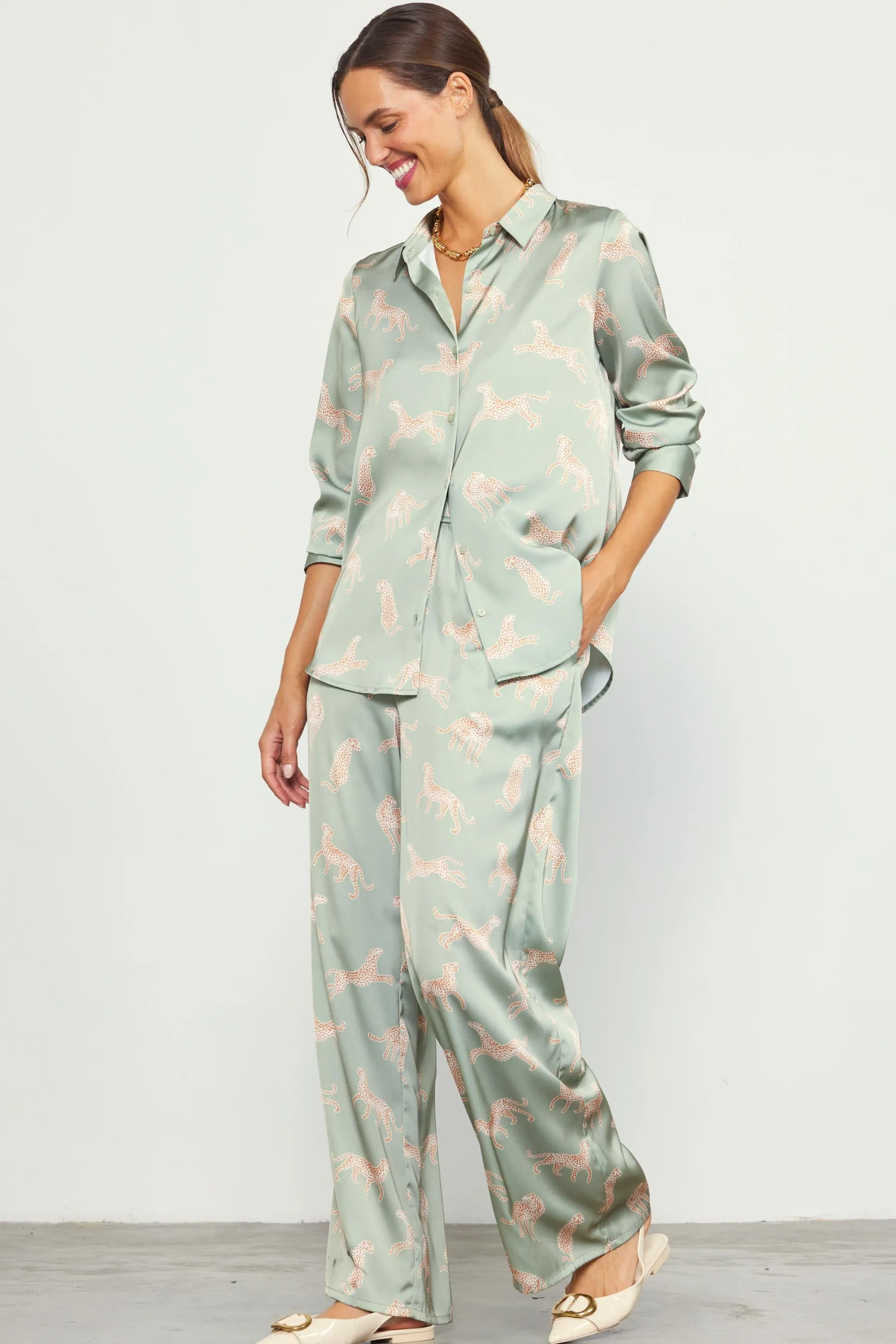 Cheetah Print Satin Button Down Blouse