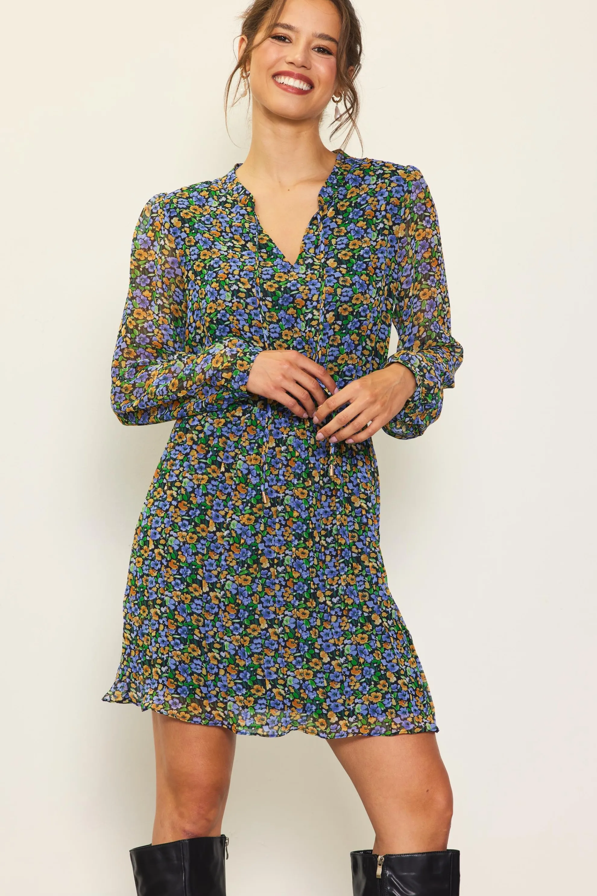 Daisy Print Pleated Mini Dress