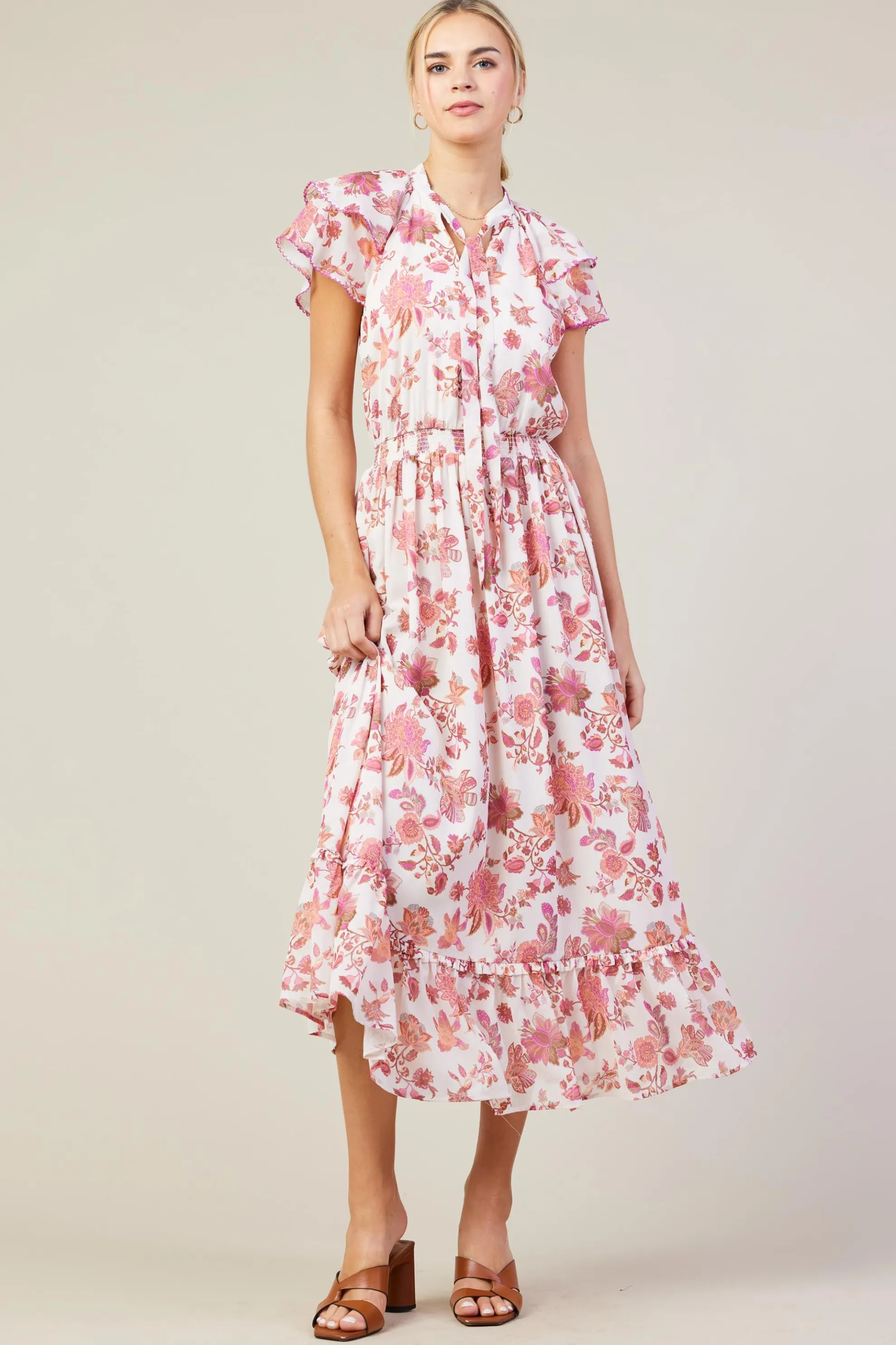 Ceres Floral Print Tie Neck Midi Dress