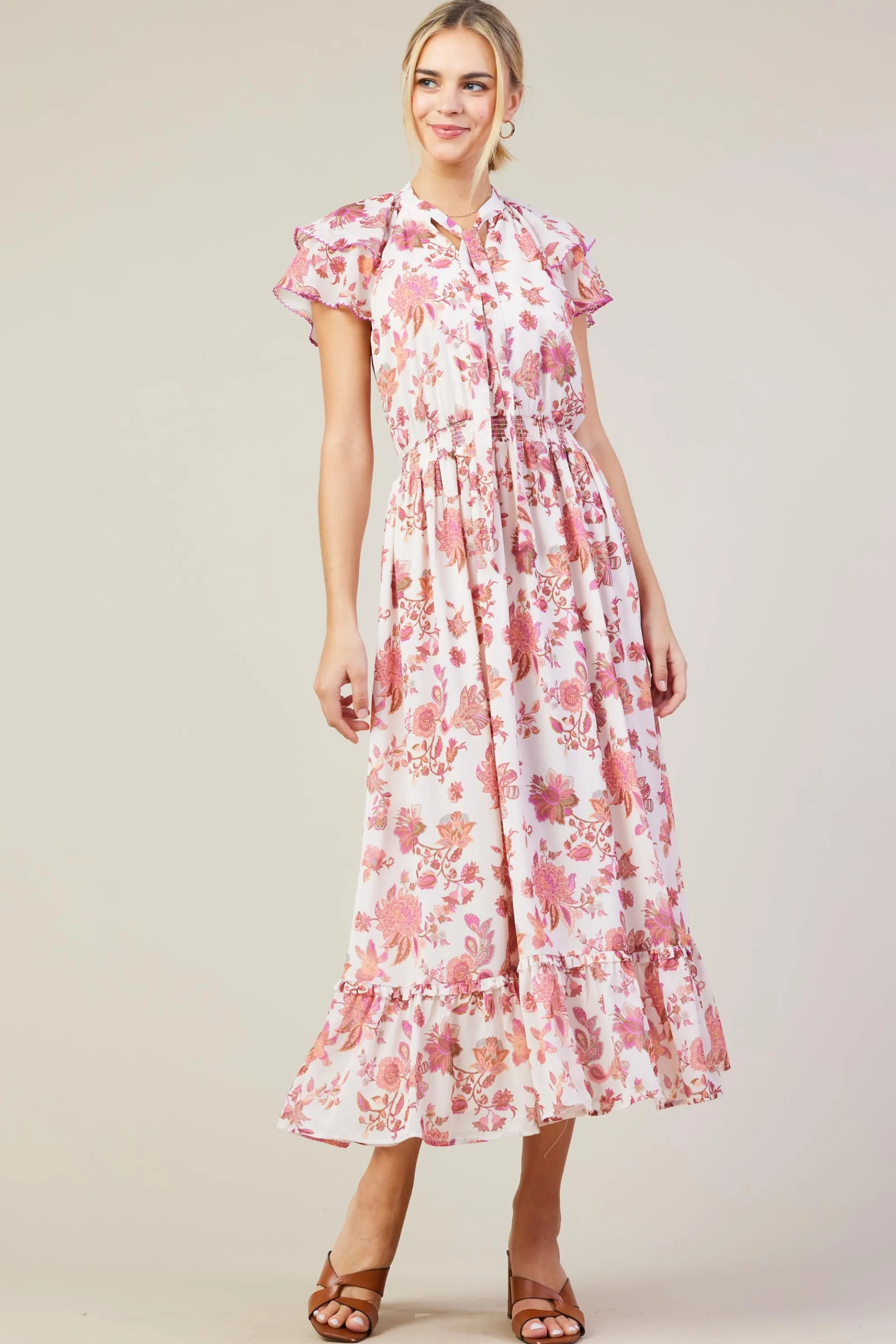 Ceres Floral Print Tie Neck Midi Dress