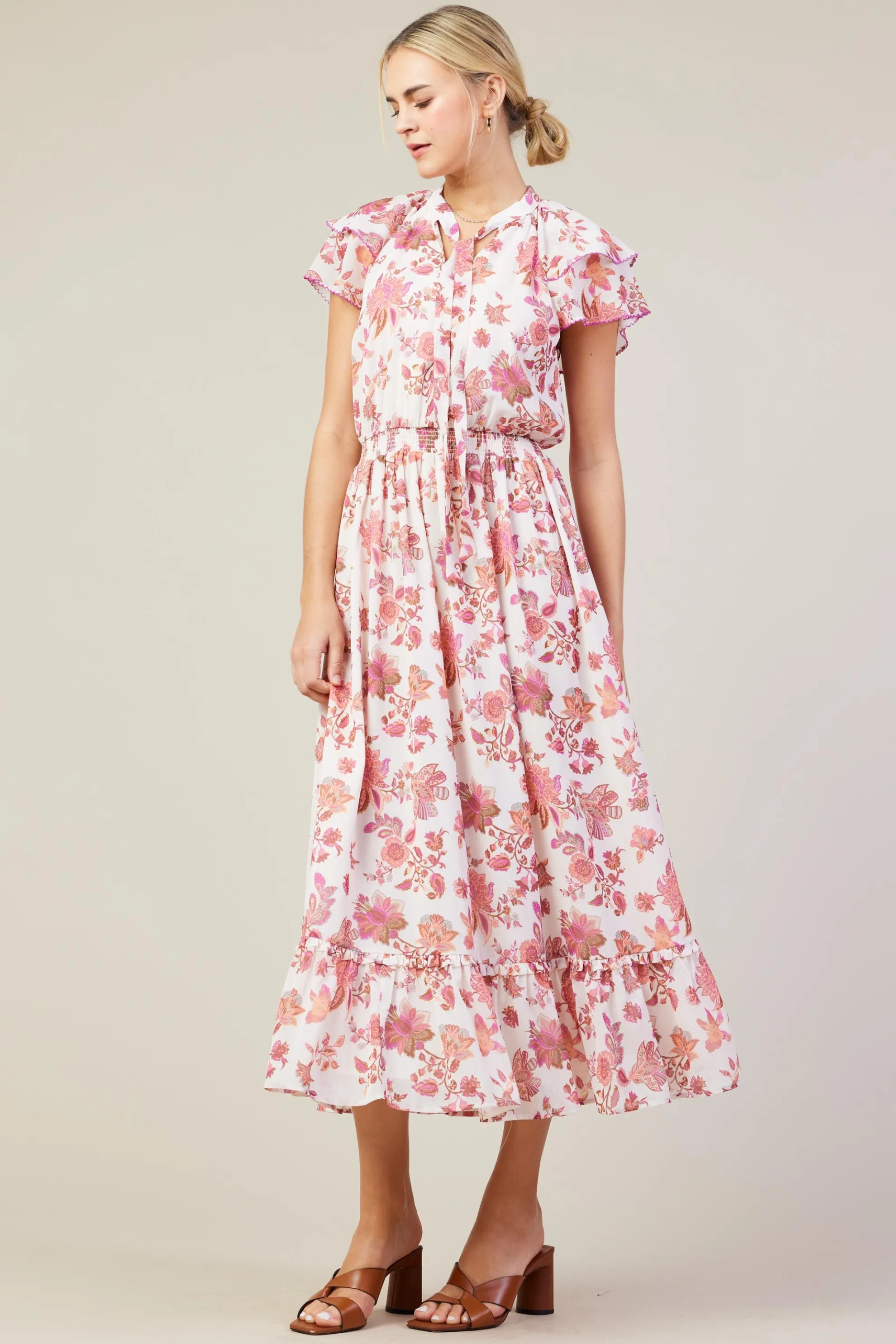 Ceres Floral Print Tie Neck Midi Dress