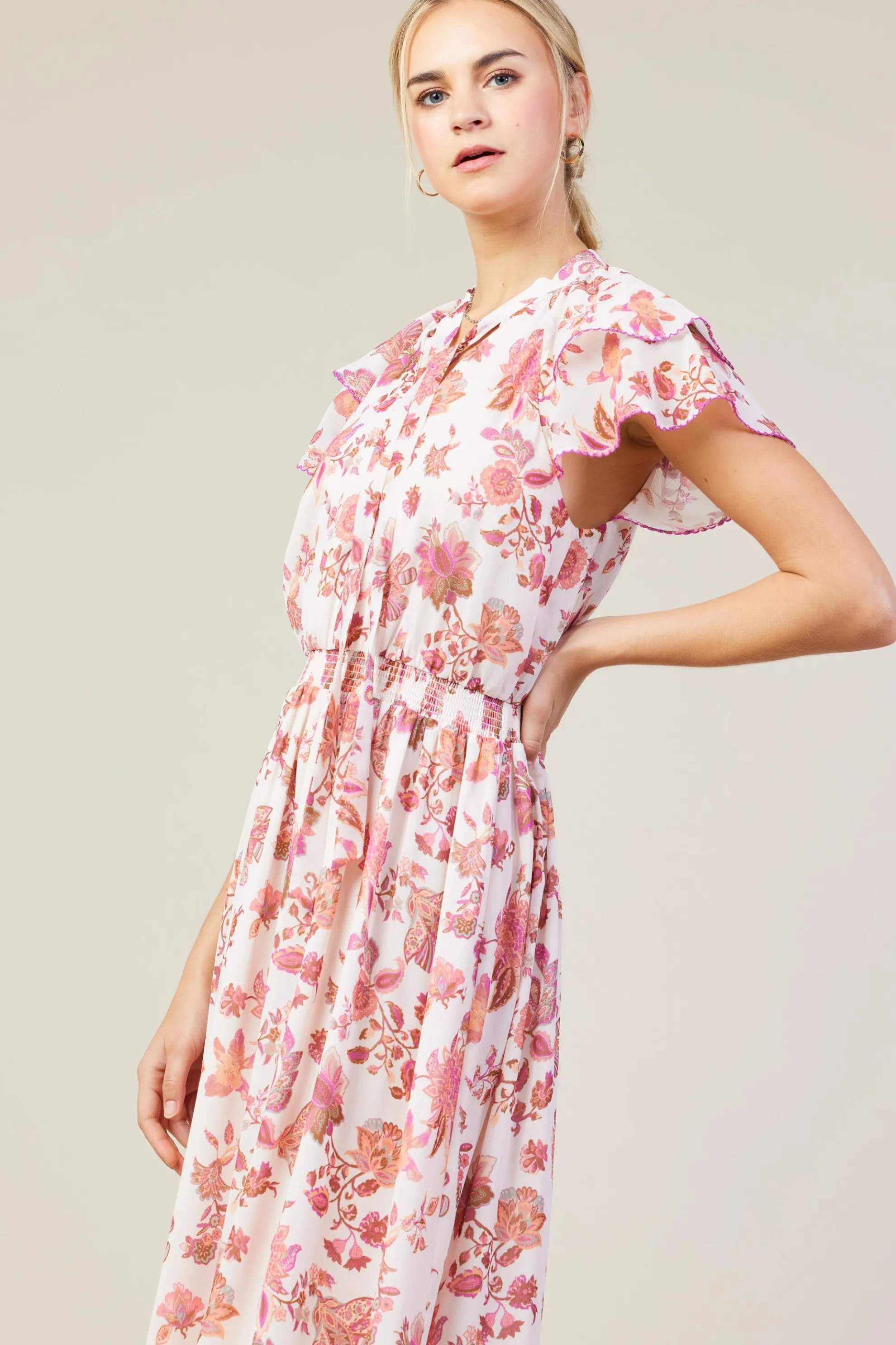 Ceres Floral Print Tie Neck Midi Dress