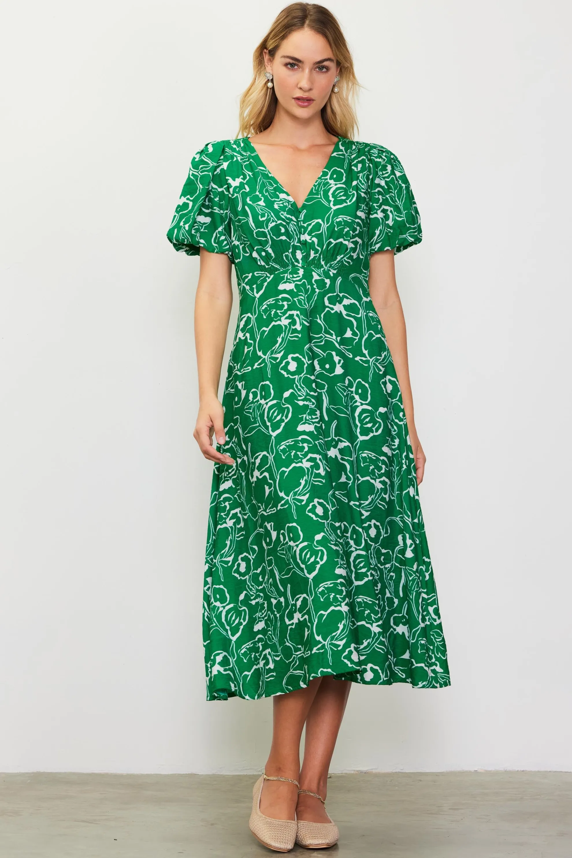 Shirred Shoulder Print Midi Dress