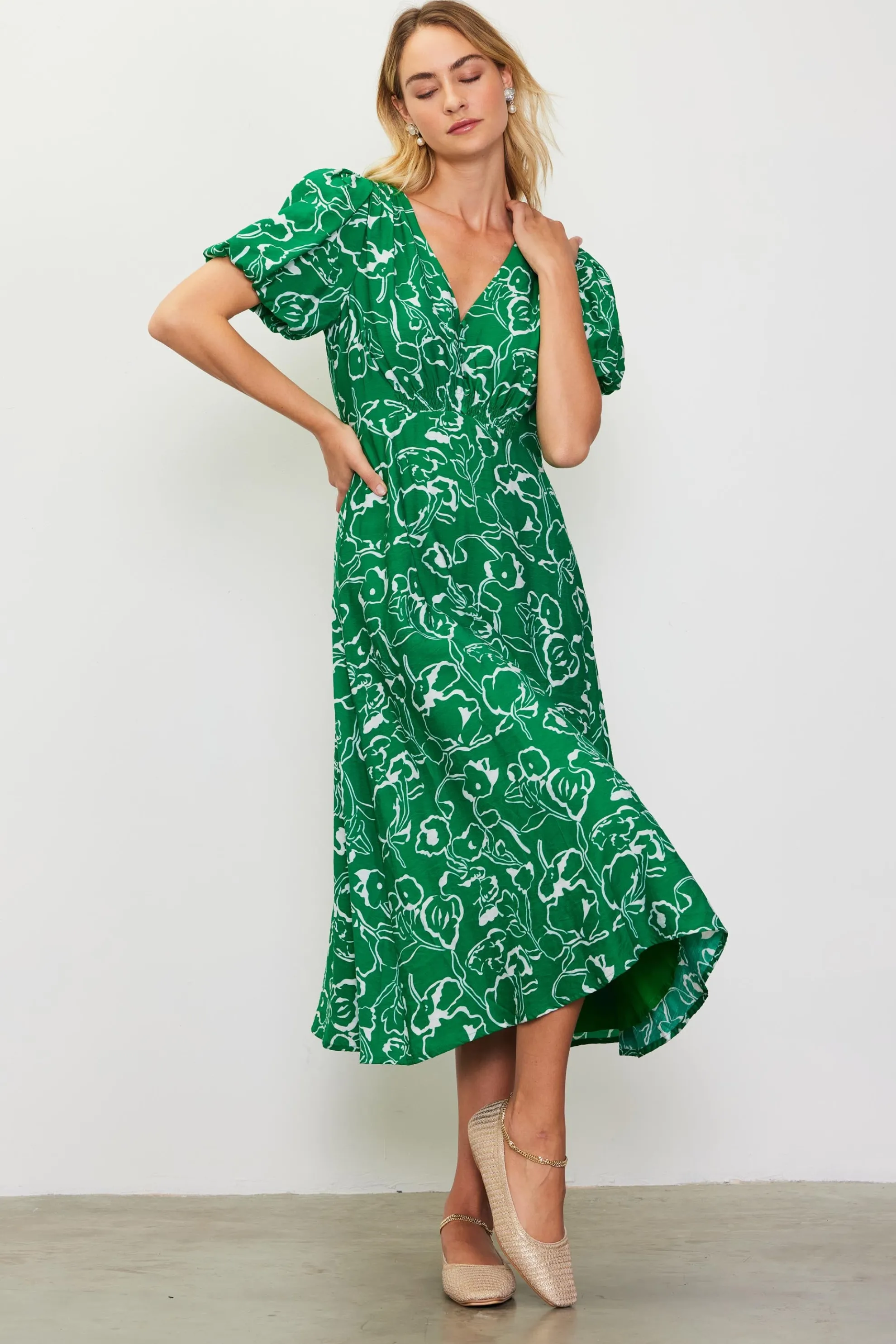 Shirred Shoulder Print Midi Dress